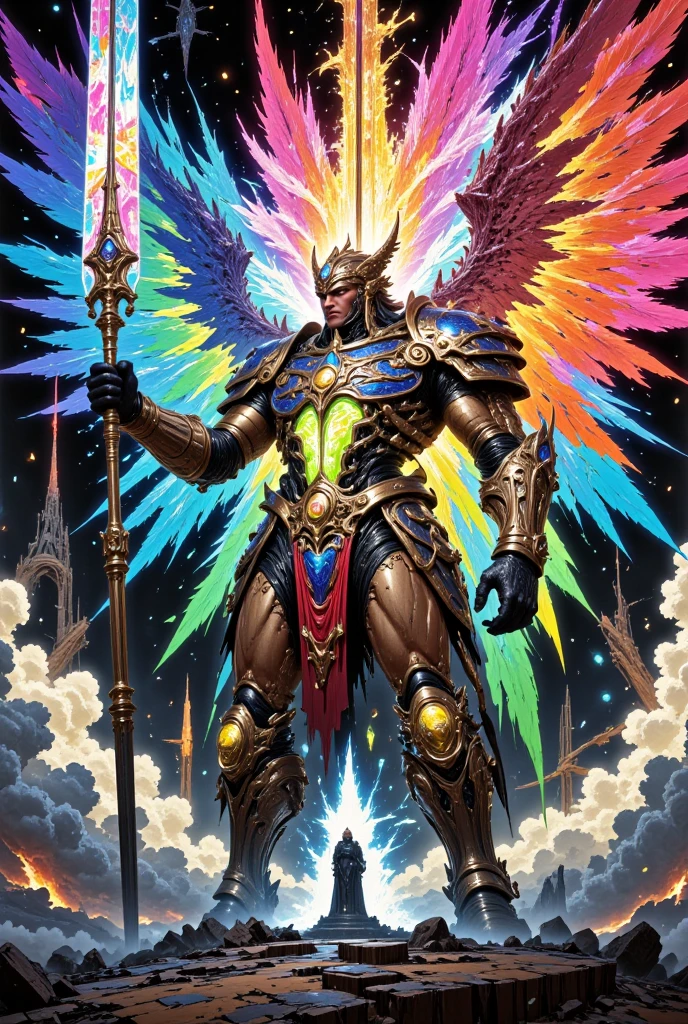 a stocky muscular dark tan-skin man with colourful birds wings, holding a glowing crystal spear in one hand and glowing crystal armor shield on the other hand, concept art, Brian Despain, Artstation contest winner, asianfuturism, massive muscle mankind, angelic crystal armor, archangel, divinity detailed, olympian god, god of the lights, egyptian god, colourful feathers, best quality, 4k, 8k, highres, masterpiece:1.2, ultra-detailed, realistic, photorealistic, photo-realistic:1.37, HDR, UHD, studio lighting, ultra-fine painting, sharp focus, physically-based rendering, extreme detail description, professional, vivid colors, bokeh