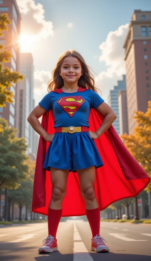 A YOUNG GIRL WEARING A SUPERMAN SUIT AND CAPE.