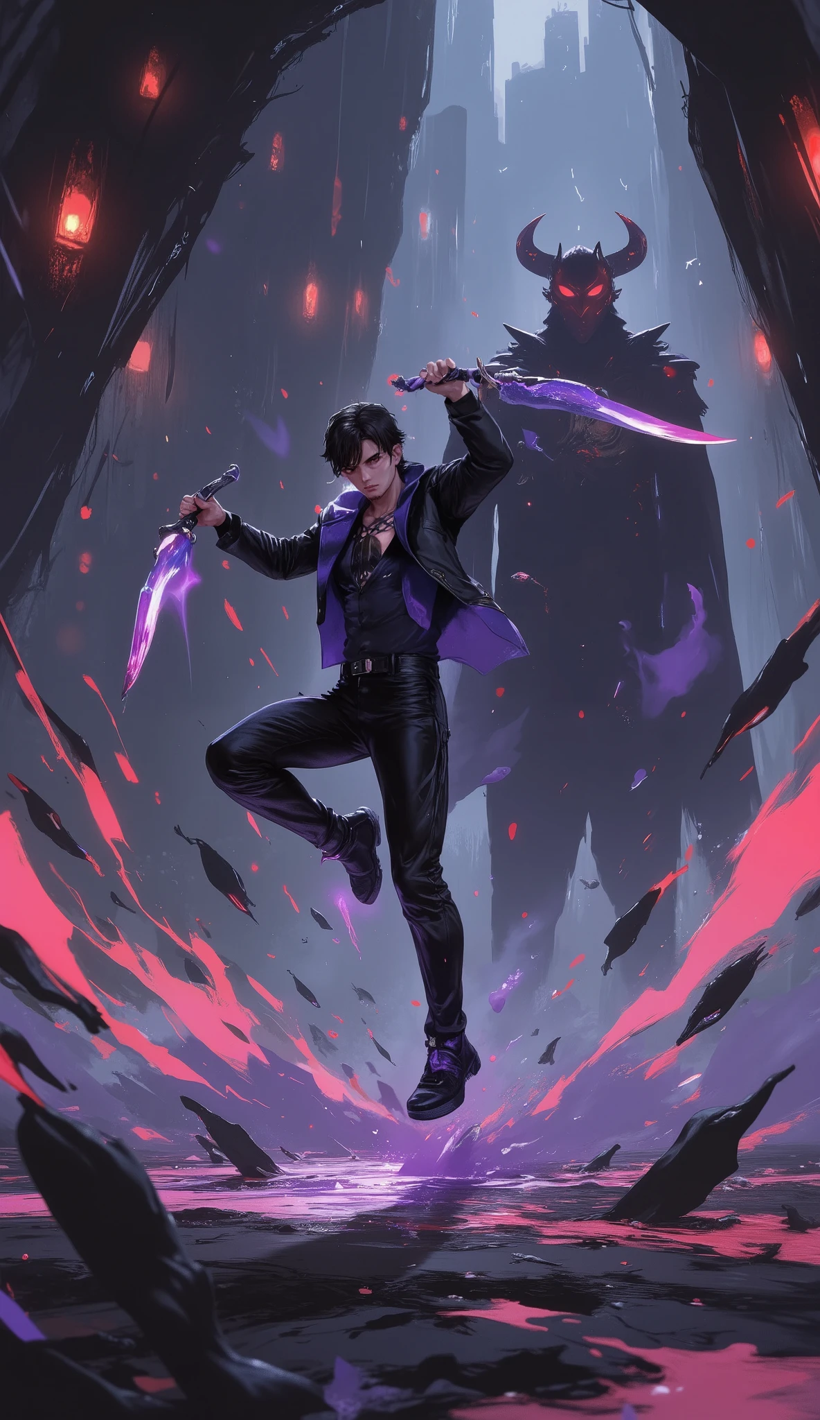 ( best illustrations:1.2), ( masterpiece:1.2 ), (  super detailed), 8k, 16k,  wallpaper,(  anime:2.0) , (solo leveling:2.0) A sleek and agile anime-style assassin dressed in a black leather outfit, dual-wielding curved daggers with glowing purple edges. The assassin is mid-air, executing a lethal backflip to dodge a shadowy claw attack. The boss is the Shadow Lord, a towering figure cloaked in darkness, with glowing red eyes and tendrils of shadow emerging from its form. The dungeon is a dimly lit labyrinth with walls lined with flickering torches, casting eerie shadows everywhere.