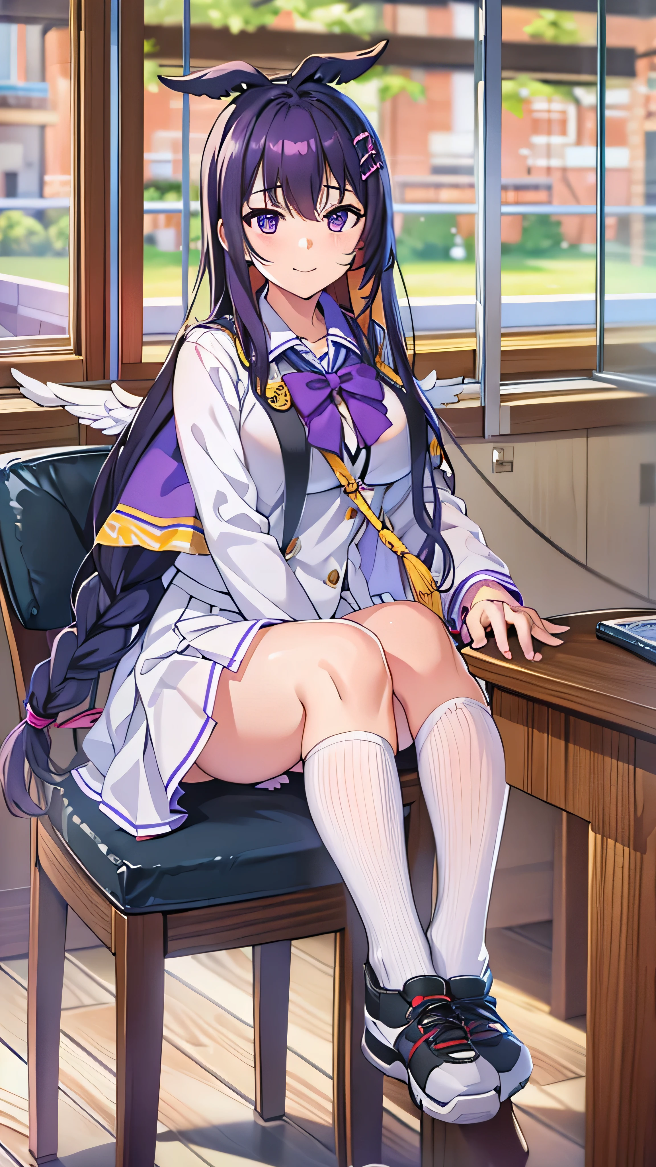  top quality,  high definition,  from the side 1 girl , (huge breasts:1.2), School uniform,  skirt , School, , smile,   Closed Her Mouth ,  sitting , chair, Hanekawa Wings,  long hair,  black hair,  hair ornament, ( purple eyes:1.1),  braided ,  hair clip, twin  braided s, glass,