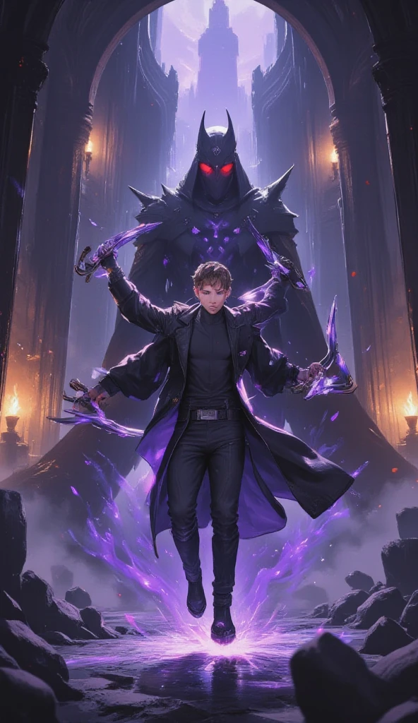 ( best illustrations:1.2), ( masterpiece:1.2 ), (  super detailed), 8k, 16k,  wallpaper,(  anime:2.0) , (solo leveling:2.0) A sleek and agile anime-style assassin dressed in a black leather outfit, dual-wielding curved daggers with glowing purple edges. The assassin is mid-air, executing a lethal backflip to dodge a shadowy claw attack. The boss is the Shadow Lord, a towering figure cloaked in darkness, with glowing red eyes and tendrils of shadow emerging from its form. The dungeon is a dimly lit labyrinth with walls lined with flickering torches, casting eerie shadows everywhere.