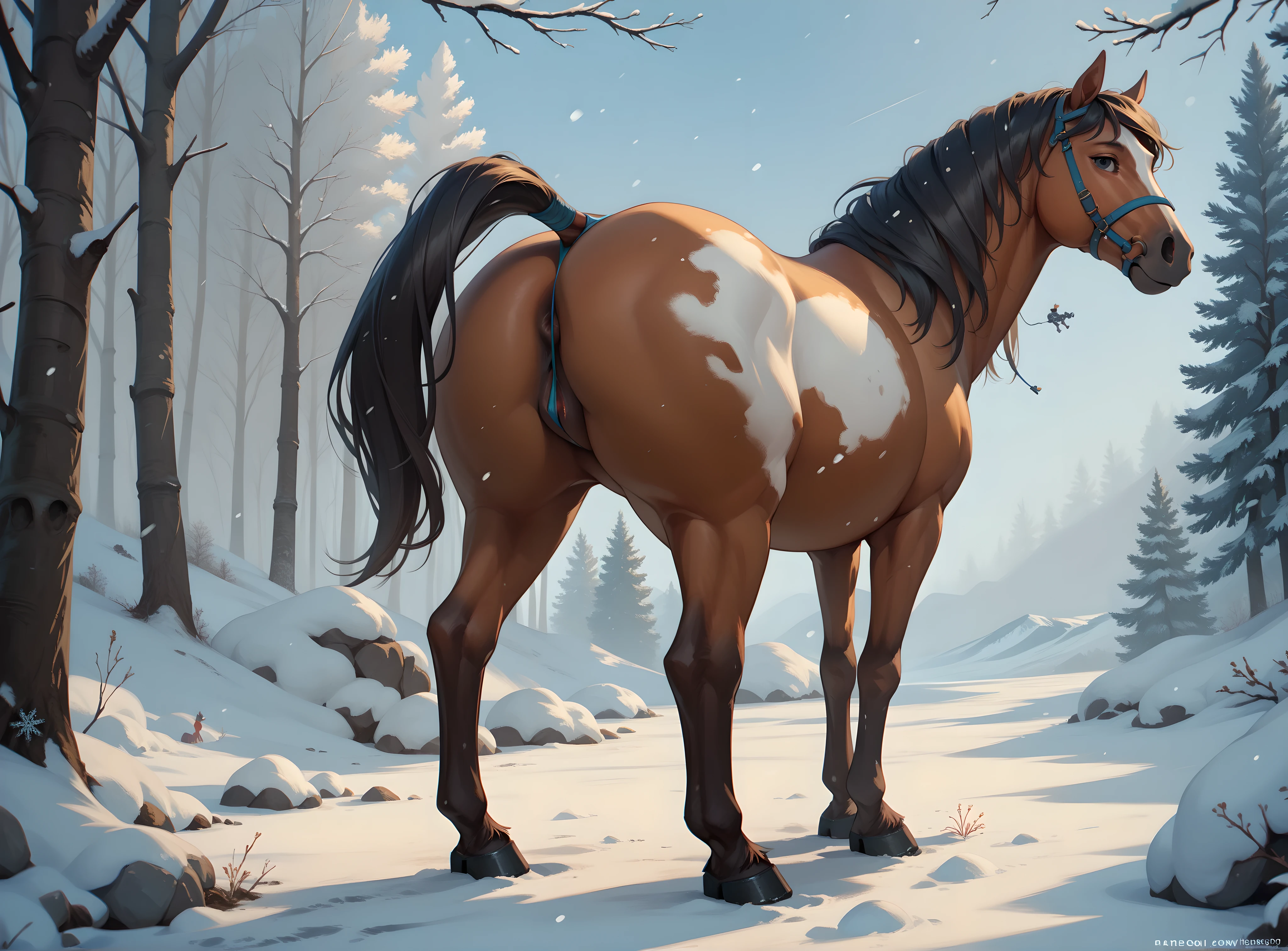 score_9, score_8_up, score_7_up, score_6_up, feral horse mare, standing, pussy floss, micro panties, casual exposure, winter, snowy storm, on the field, looking at the viewer, butt focus, white fur