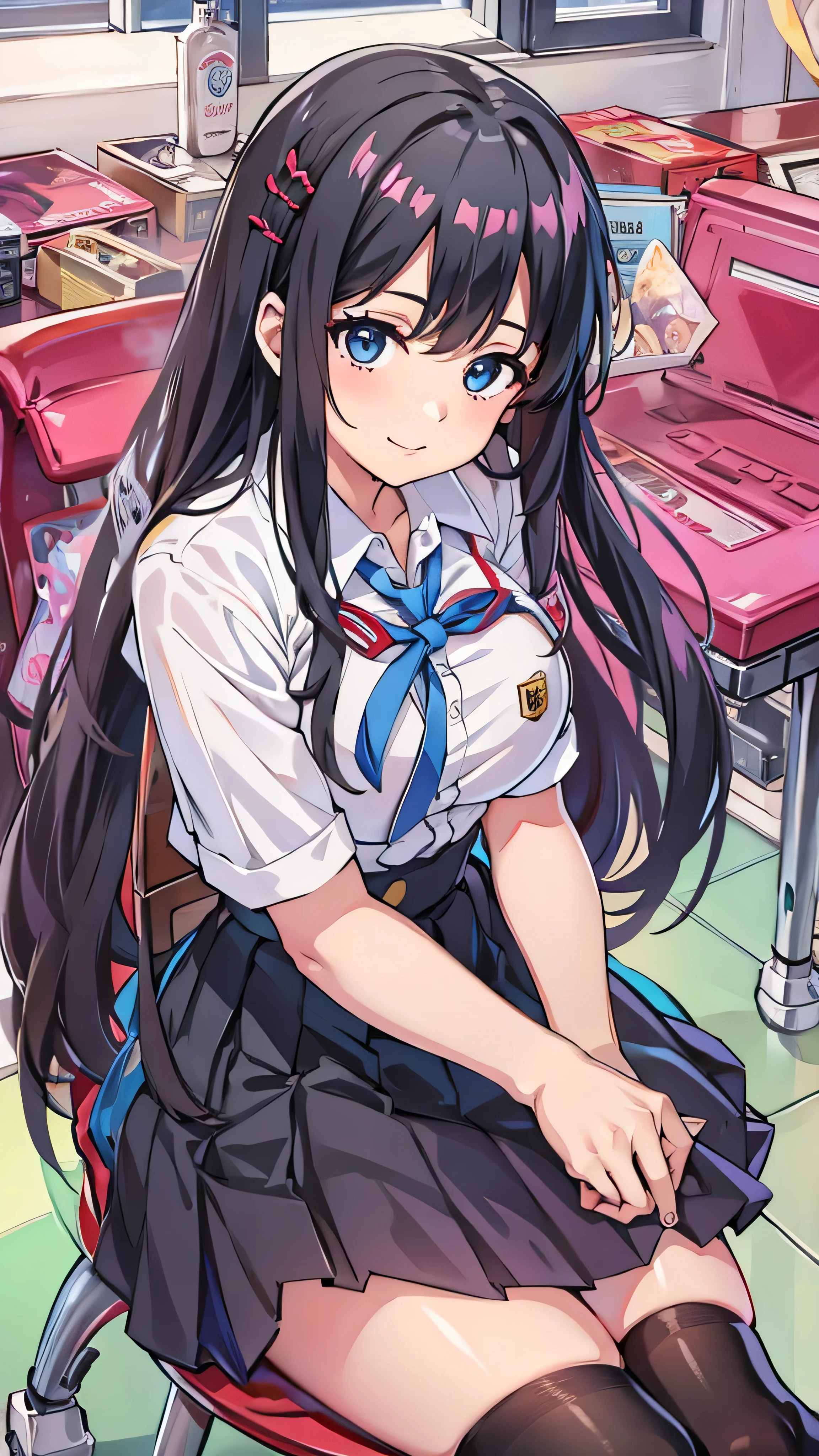  top quality,  high definition,  1 girl, (huge breasts:1.2), School uniform,  skirt , School, , smile,   Closed Her Mouth ,  sitting , chair, Hanekawa Wings,  long hair,  black hair,  hair ornament, ( purple eyes:1.1),  braided ,  hair clip, twin  braided s, glass,