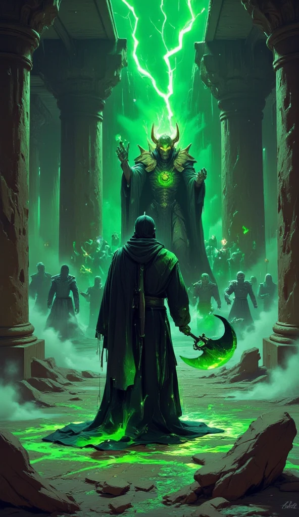 ( best illustrations:1.2), ( masterpiece:1.2 ), (  super detailed), 8k, 16k,  wallpaper,(  anime:2.0) , (solo leveling:2.0) An ominous necromancer in a tattered black and green robe, wielding a glowing scythe and surrounded by spectral minions. The necromancer is commanding his undead army to attack the Lich King, a skeletal figure in regal, spiked armor, wielding a staff that emits a cold, green aura. They are in an ancient crypt with crumbling pillars, glowing runes on the floor, and an oppressive green mist. The air crackles with dark energy as the undead clash.