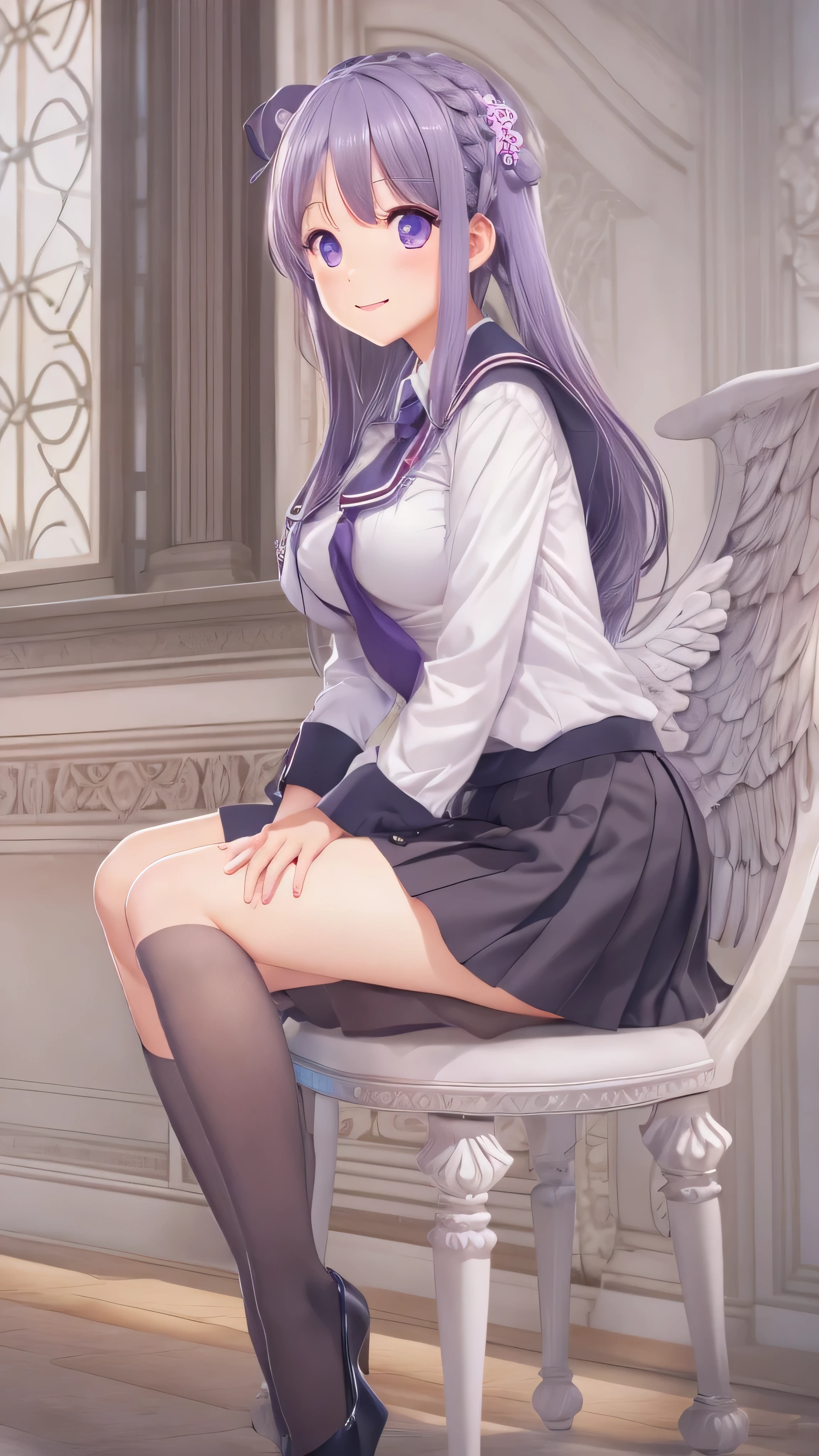  top quality,  high definition,  1 girl, (huge breasts:1.2), School uniform,  skirt , School, , smile,   Closed Her Mouth ,  sitting , chair, Hanekawa Wings,  long hair,  black hair,  hair ornament, ( purple eyes:1.1),  braided ,  hair clip, twin  braided s, glass,