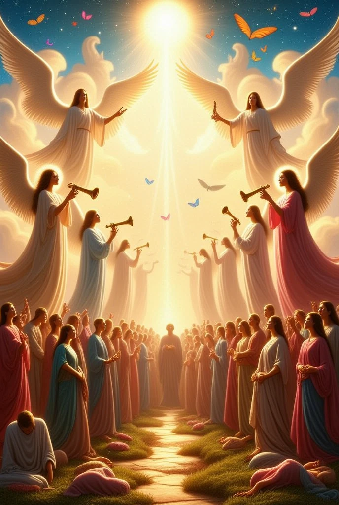  angels sound trumpets and sound like the sky that opens ,
Angels and various people announce and sing, music,  praise 
The heavenly melody fills the air ,
 And the earth bows in adoration to the God who is manifested