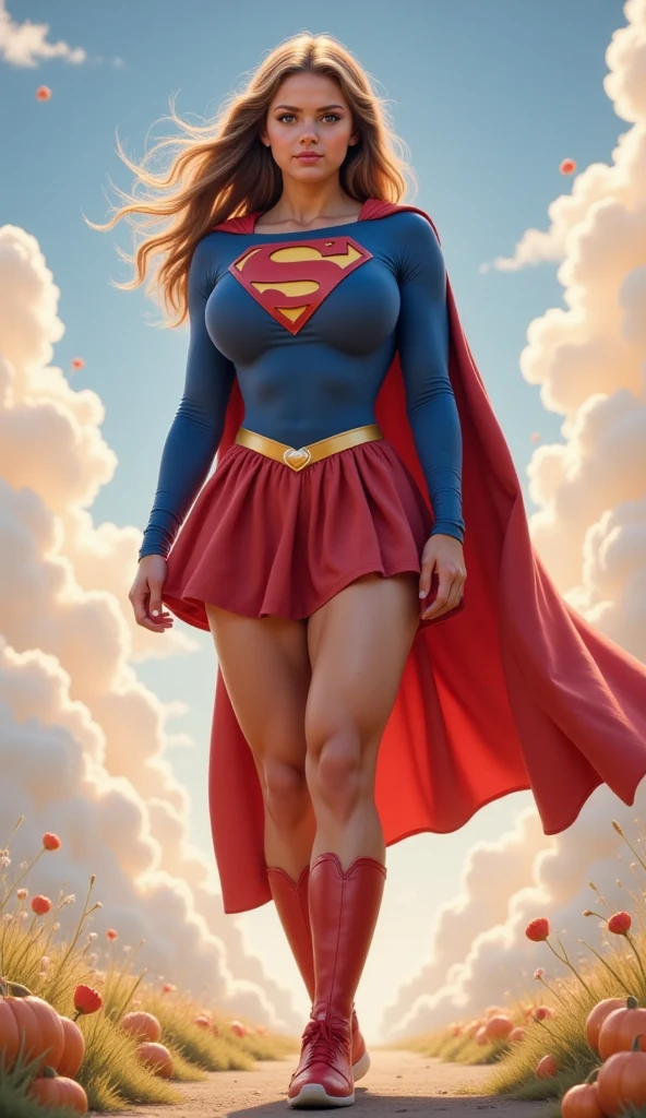 A YOUNG TEEN AS SUPERGIRL WEARING A SUPERMAN SUIT AND CAPE.