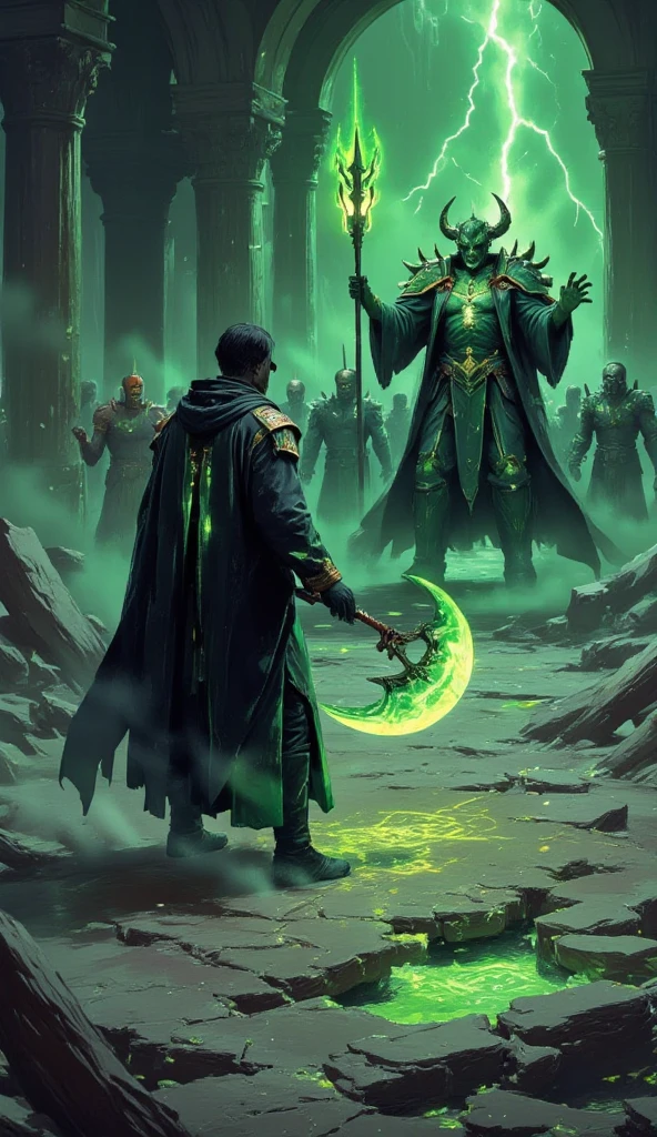 ( best illustrations:1.2), ( masterpiece:1.2 ), (  super detailed), 8k, 16k,  wallpaper,(  anime:2.0) , (solo leveling:2.0) An ominous necromancer in a tattered black and green robe, wielding a glowing scythe and surrounded by spectral minions. The necromancer is commanding his undead army to attack the Lich King, a skeletal figure in regal, spiked armor, wielding a staff that emits a cold, green aura. They are in an ancient crypt with crumbling pillars, glowing runes on the floor, and an oppressive green mist. The air crackles with dark energy as the undead clash.