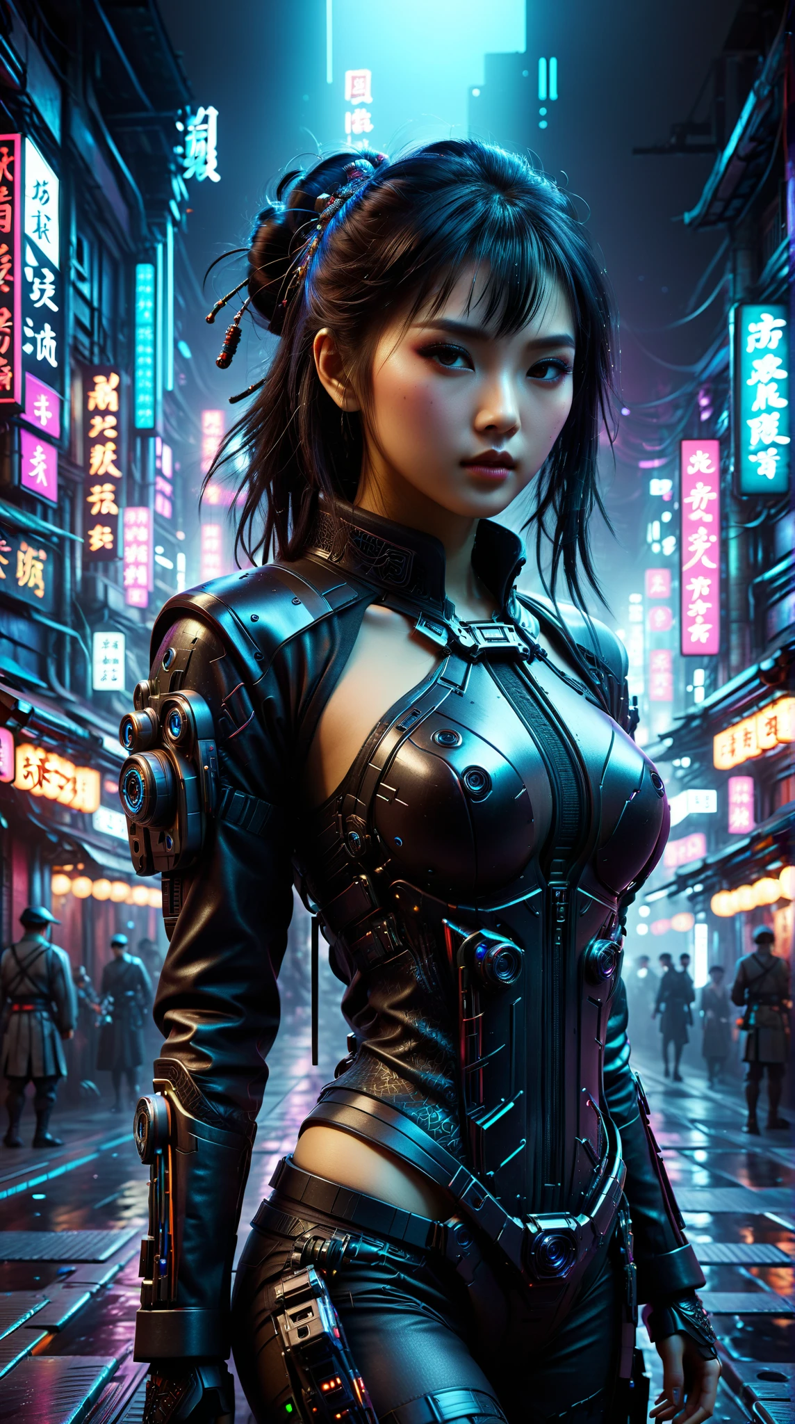 1 Cyberpunk girl, big breasts, revealing BDSM cyberpunk outfit, cowboy shot, dynamic pose, futuristic, mechanical aesthetics, complex machinery, high-tech lighting scene of futuristic city in the background, virtual engine 5, cinematic lighting.