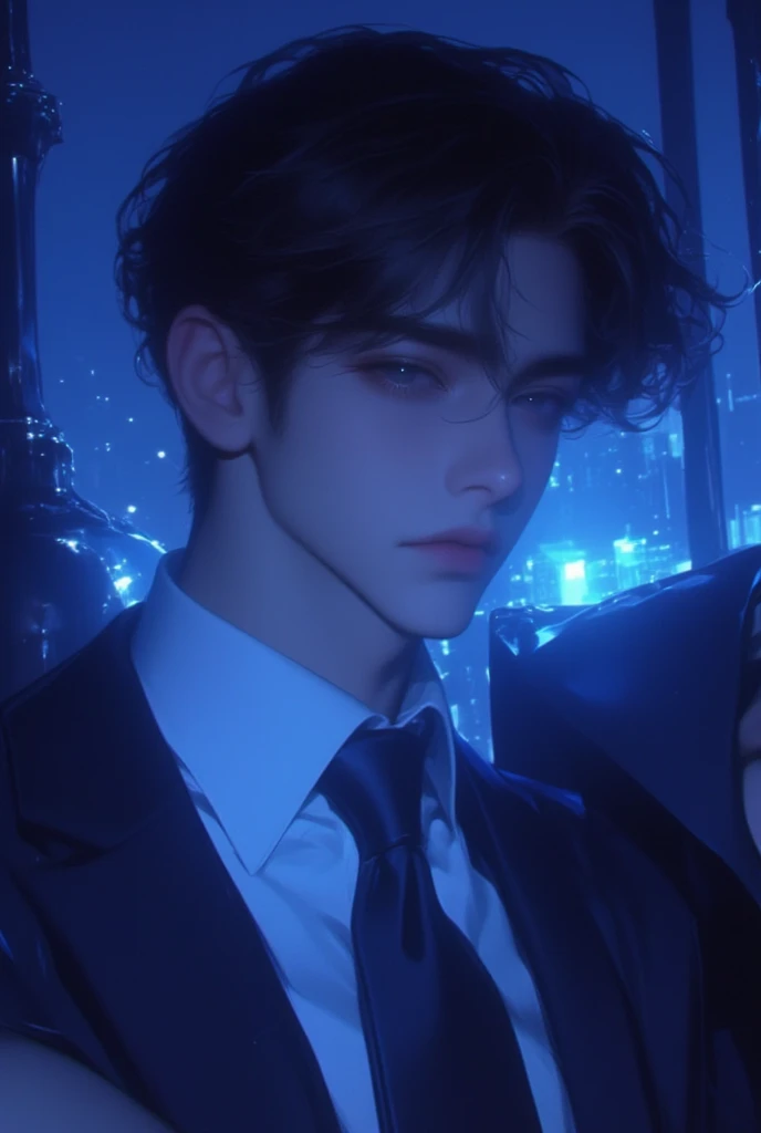  a man, Asian, of Korean origin , Japanese, Chino,  short hair in a fuss ,  black hair, black eyes, Serious, dominant, Omega man, young, 30 YEARS, Businessman , businessman,  navy blue suit , white shirt and black tie, closed lips, natural lips, Kpop, Illuminated background,  tanned skin ,  close up , blue background