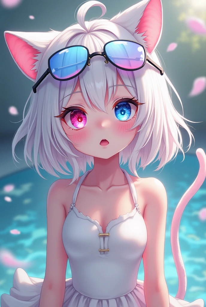 masterpiece, best quality, (catgirl), kawacy, beautiful detailed eyes, detailed shiny skin, looking at viewer, upper body, short white hair, shy, cat ears, blue eyes, ((petite, flat chest, small breasts)), perfect hands, five fingers, shiny bikini, very detailed, high resolution, sharp, sharp image, 4k, 8k,