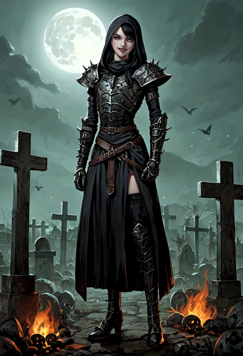 (Solo) (1boy) (gothic theme) (anime art style) Physical Appearance: (long black hair, side swept bangs, purple eyes, juvenile androgynous set of features that would look normal on a male or female, sharp canines, manic grin, unnaturally pale complexion, slim lean physique, wearing black hooded mourners robe shrouding armor, ornamental black metal armor, with shoulder pauldrons with gothic motifs, black metal rune inscribed gauntlets, tarnished gold belt, black metal greaves and boots, standing in triumphant pose), BREAK Setting: (graveyard, tombstones, ritual, ghostly specters, of lost souls, haunting graveyard, zombies breaking out of coffins, graves desecrated, undead raising from graves, moon lite night)