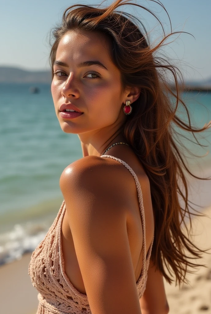 Photo of a young moldavian woman in her 20s, .RAW, Beautiful woman, (extra long wavy copper shimmer hair), ((portrait)), ((detailed facial features:1. 2))), ((detailed facial features)), (finely detailed skin), pale skin, (cool colour), damp, moist, Reflectors, (masutepiece) (perfect proportions)(realistic photos)(best quality) (indirect) shot on a Canon EOS R5, 50mm Lens, F/2. 8, (8k) (cinematic exposure) (dramatic exposure) (sharp focus) (intricate) mode, sitting on the beach, big ass, fit body, wearing a bikini, SFW