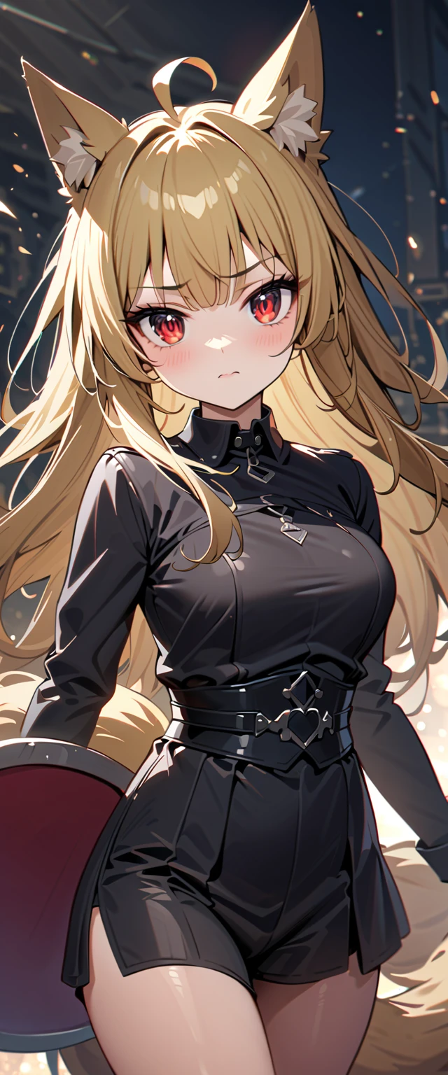 (high-quality, breathtaking),(expressive eyes, perfect face) 1girl, female, solo, maomao, cowboy shot, medium full shot, blonde hair color, alluring red eyes, long hair, Large breasts, fox ears, fox tail, small Ahoge, Knight Attire, Sword and shield, black shorts, looking towards viewer, HD, High quality image, dusty particles floating around, black choker, black collar with spikes, goth girl, goth aesthetic
