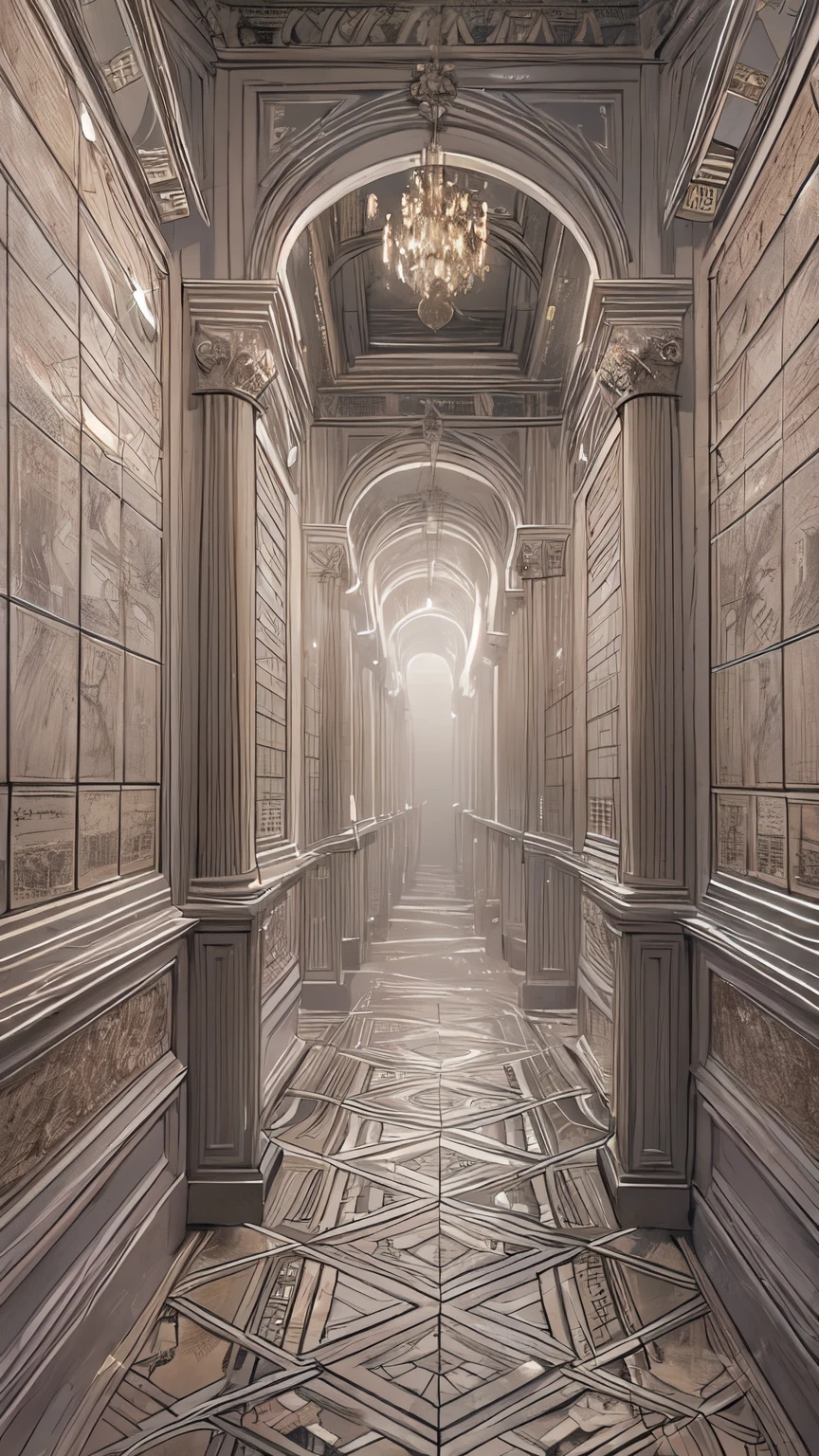 Surreal and mysterious, the endless corridors ‘stretch endlessly to the horizon’ and are lit by dim, ethereal light. The walls are adorned with intricate carvings, glowing runes and ancient symbols. The floor is polished marble, reflecting faint shadows. The atmosphere is dreamlike and eerie, with a faint mist on the ground. It is a scene of both wonder and unease, where fantasy and surrealism merge.

Translated with DeepL.com (free version)