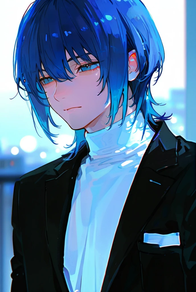  1 man, blue hair,Wolf cut with gradient ,
 white turtleneck shirt with black suit jacket blurred background, 