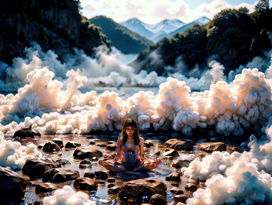 absurdres, highres, (official art, beautiful and aesthetic:1.2), (near vision:1.15), (1girl, blue hair, medium hair, blue eyes, bright eyes, short white dress, blue ruffle,:1.2) blue sky, Shimmering Galaxy, (Salar de Uyuni:1.2), (fractal art:0.8), water effects, ripple effects, (flower effects: 0.65), light effects, realistic hands, mybeauties