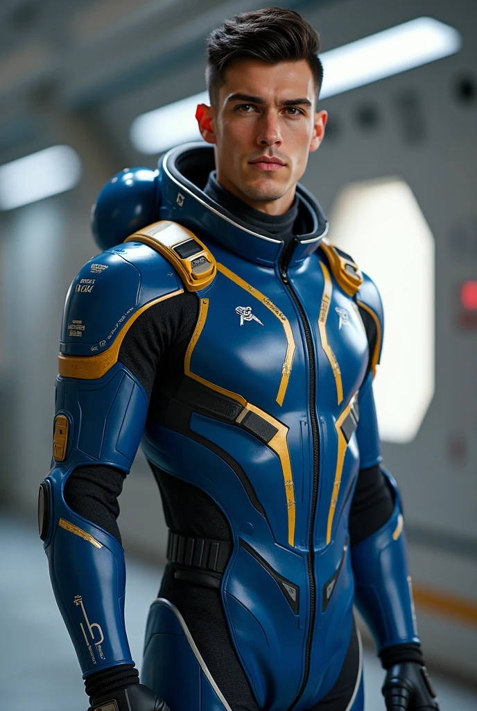 A masculine haute couture blond man with pale skin living inside a blue dreamscape, space, sci-fi, electronic, realistic, glossy, beautiful, dreamy,