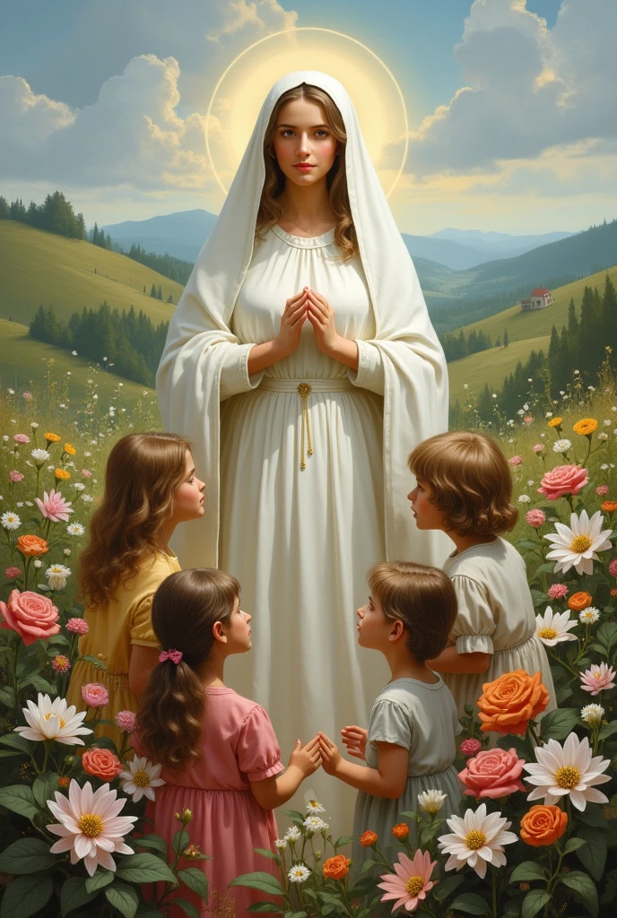 The Virgin of Fatima being adored by 3 children.