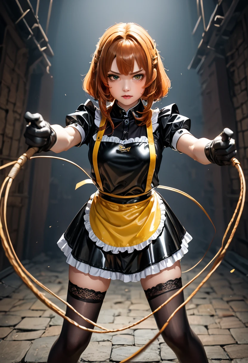 ultra,  The highest quality image ,  artistic masterpiece.  The Japanese-looking girl ,  heavenly beauty , 18+. arrogant, very angry, dissatisfied. copper hair ,  maid bandage .  Black lace latex dress ,  black lace latex skirt ,  black latex stockings ,  black latex gloves,:   (Yellow latex lace apron) .  No naked body . Standing in a dark ,  raw dungeon.Holds a black weapon:1.2 , whip ping:1.2, cutting:1.2 , whip:1.2, fighting stance:1.2,((( whipping:1.2, motion blur:1.2 ,  path motion:1.2 ))), arms outstretched :1.2, doyagao , incoming vertical whip:1.2 , incoming horizontal whip:1.2