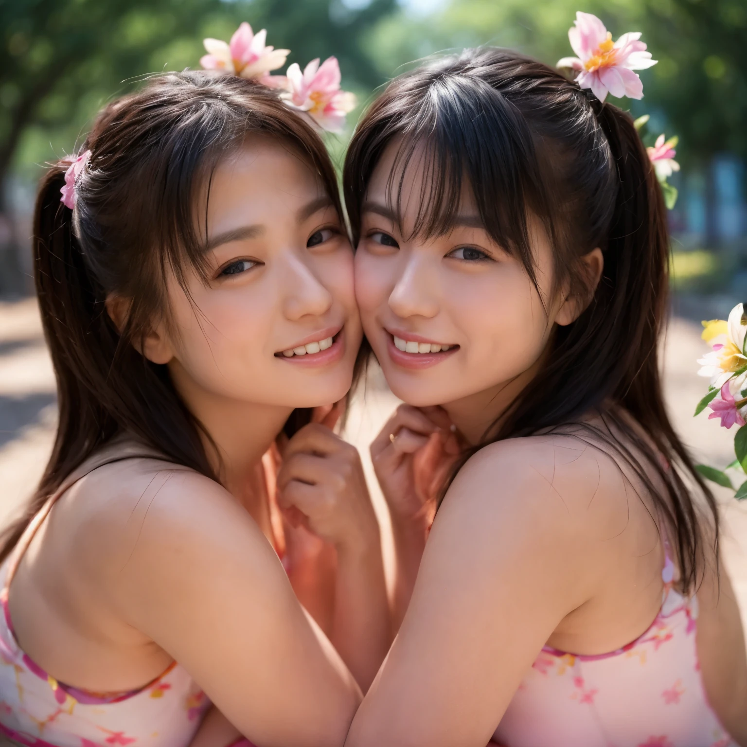 1. "Close-up of identical twin sisters outdoors in a sunlit park, one gently kissing the other’s cheek while both smile softly, surrounded by blooming flowers."