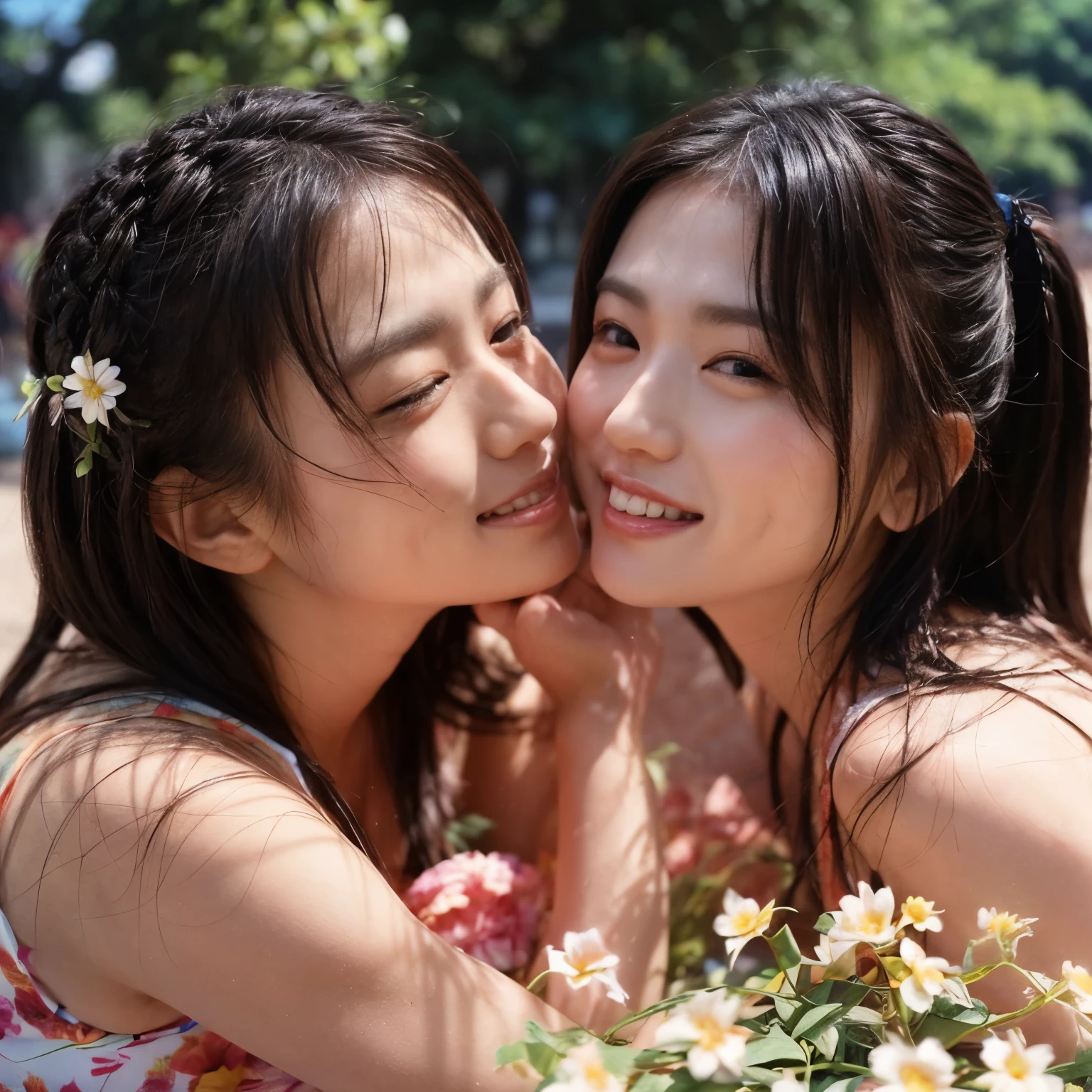 1. "Close-up of identical twin sisters outdoors in a sunlit park, one gently kissing the other’s cheek while both smile softly, surrounded by blooming flowers."