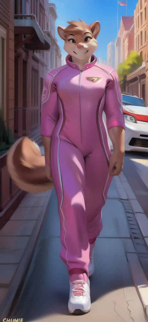 By bebebebebe, by lostgoose, by goonie-san, solo, female, canine, (((hair, chow chow))), standing, (tail, snout, detailed eyes), standing, (italian city), adult, mature, ((skintight gucci spacesuit)), hands behind back, massive, giant, muscular, athletic, huge