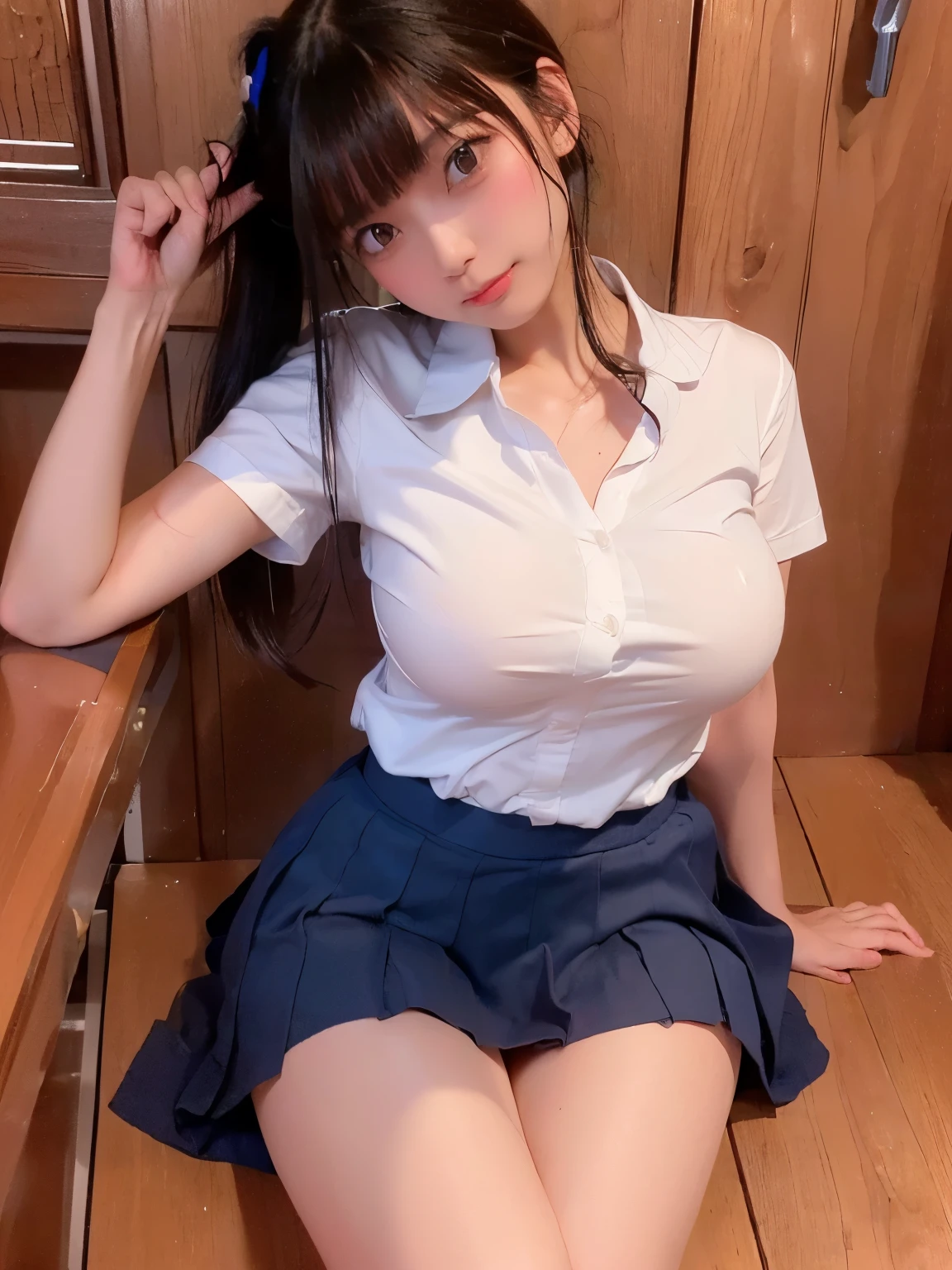 ((     Sitting    、 Disheveled Japanese school uniform navy blue miniskirt、but)、    lie down 、   masturbation motions 、    Cling to human masturbation    、タイトなOPPY 、uniform、    Tightened shirt with twin tail hair  、     realistic    、   Beautiful D-cup breasts   、     well-balanced body   、Ideal Body (        High Definition     ,1080P,16k,4K,8k,      accurate to human body structure  ,最     High Quality     ,        High Definition     ,      Attention to Details   ,     High Quality     ,Masterpiece ,     realistic    ,     RAW photos   ,     very detailed  ,  Textured Skin ,     very detailed   ,   wonderful ))