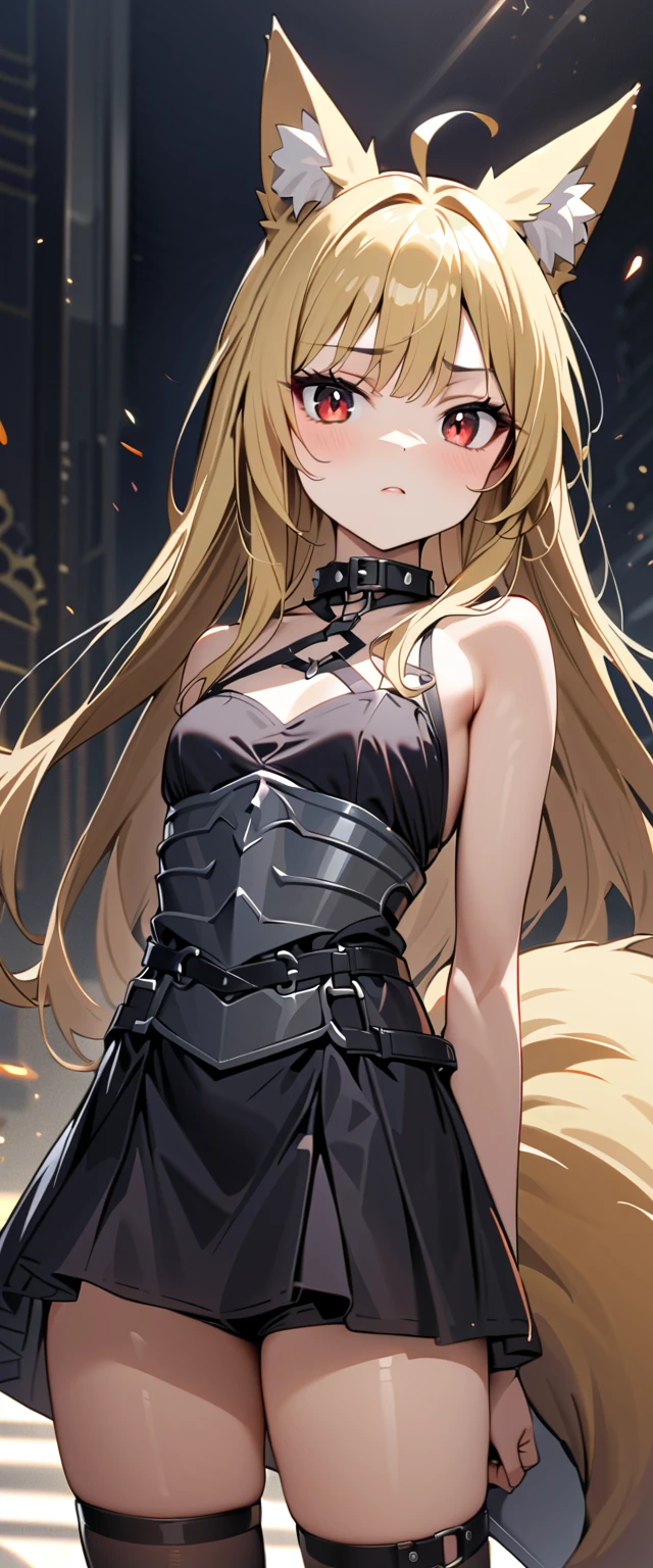 (high-quality, breathtaking),(expressive eyes, perfect face) 1girl, female, solo, maomao, cowboy shot, medium full shot, blonde hair color, alluring red eyes, long hair, flat chested, small breasts, small stature, fox ears, fox tail, small Ahoge, Knight Attire, Sword and shield, black shorts, looking towards viewer, HD, High quality image, dusty particles floating around, black choker, black collar with spikes, goth girl, goth aesthetic
