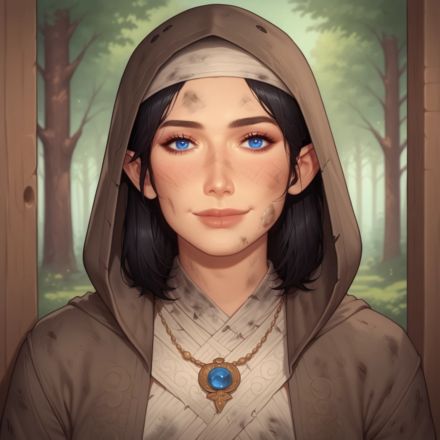 (((beautiful, high quality, comics style, detailed face))), score_9, score_8_up, score_7_up, BREAK, 1girl, (duxlipa), ((Franciscan monk robe, brown robe, hood up)), small pointed ears, black hair, blue eyes, simple pendant, dirty clothes, smile, docile, female focus, solo:1.4, portrait, upper body, portrait, looking at the viewer, forest background, fantasy, blurred background, Expressiveh, detailxl, DeepNegative_xl_v1, zPDXL3