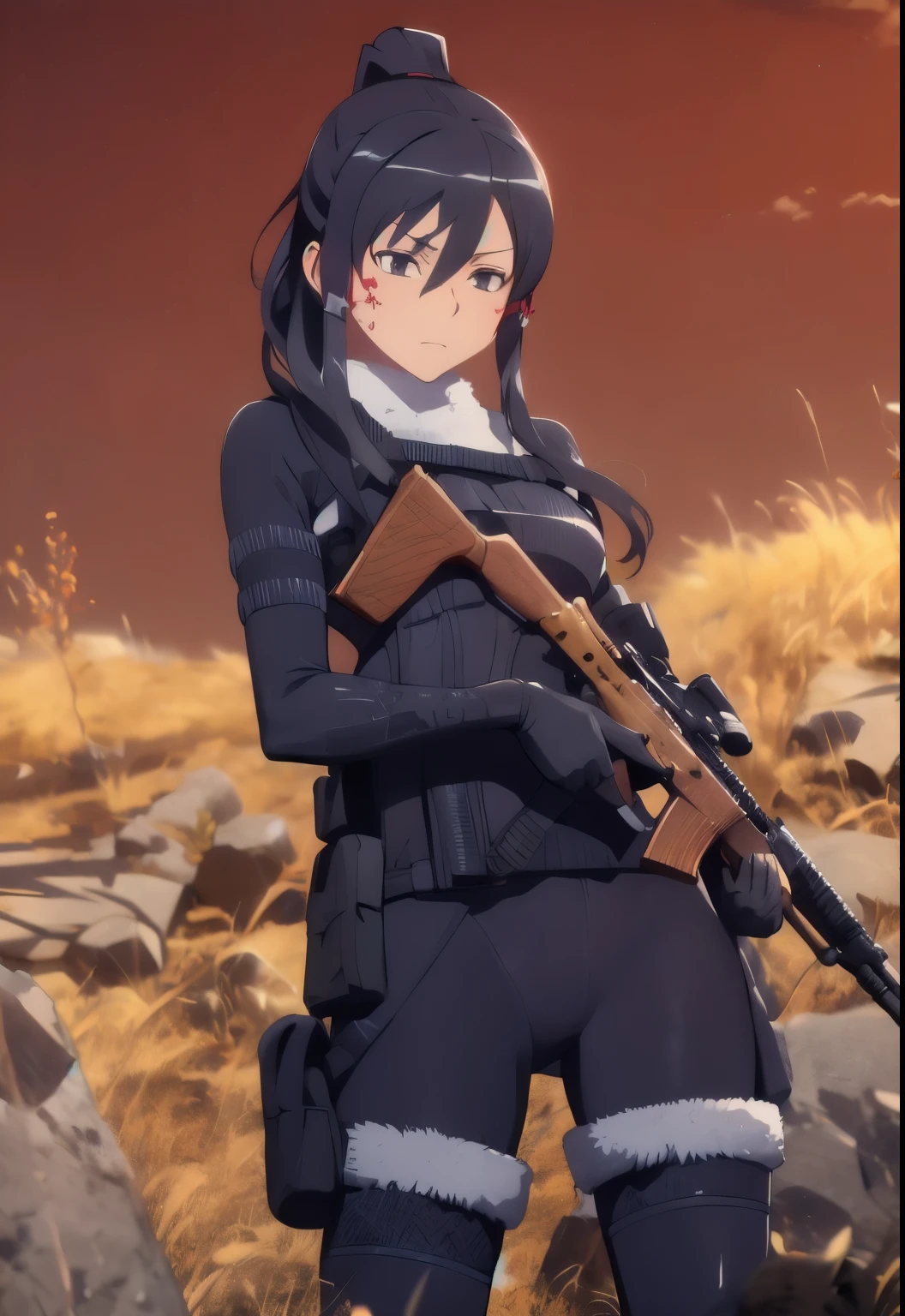 Pitohui_Elza, standing and holding a rifle, assault rifle, headgear, (admirable, captivating, captivating, inspiring, gorgeous, impressive: 1.3), (highly detailed, high quality: 1.3)