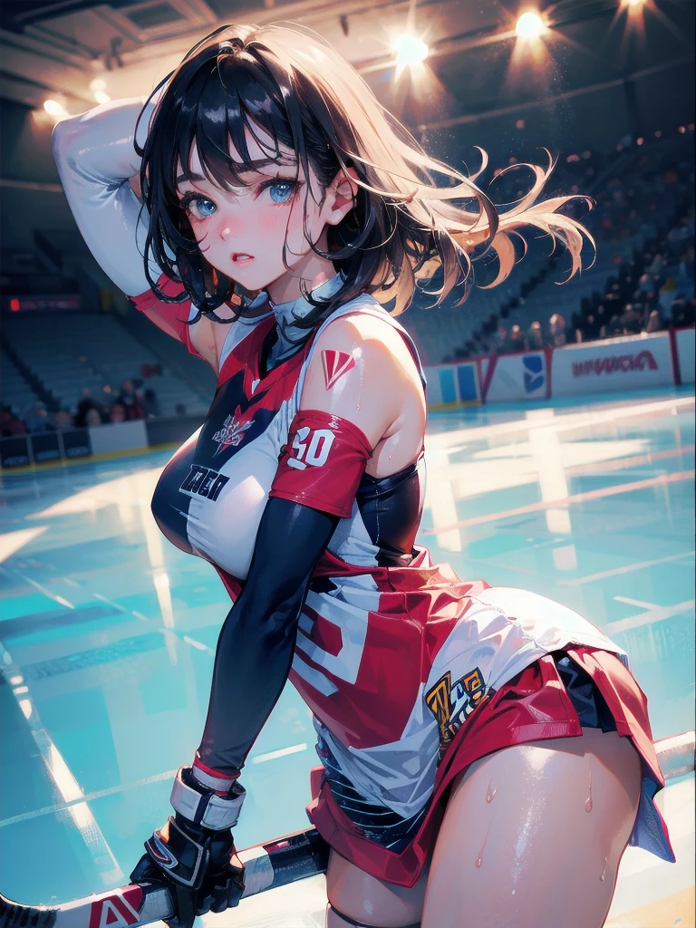 Best Quality, masutepiece, High resolution, (Anime Heroine Illustration), Anime Paint, 1beautiful girl ,Dynamic Angle,female bowling athlete ,small head,Large breasts,nice legs, Glowing skin, Sweat,At the bowling venue ,Detailed beautiful face,Large eyes,detailed hairs,detailed skins,Realistic Skins,Sweat,detailed clothes,