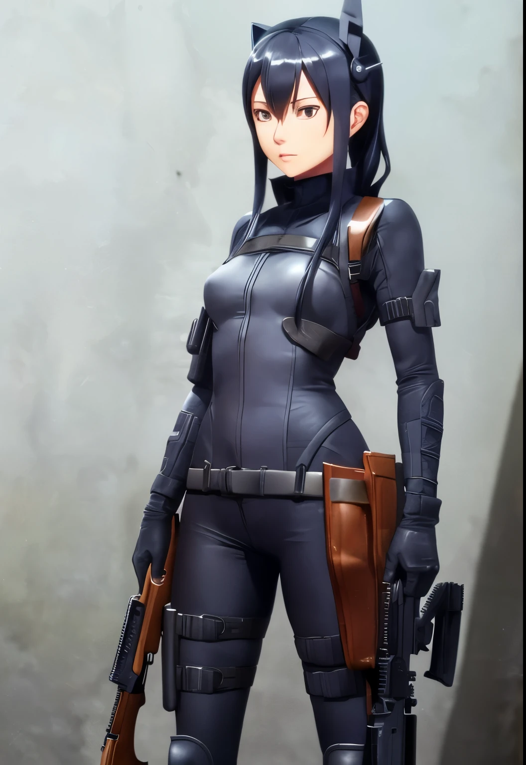 Pitohui_Elza, Facing forward, Assault rifle, Standing with rifle, Headgear, (Admirable, Captivating, Alluring, Inspiring, Gorgeous, Impressive: 1.3), (Highly detailed, High quality: 1.3)