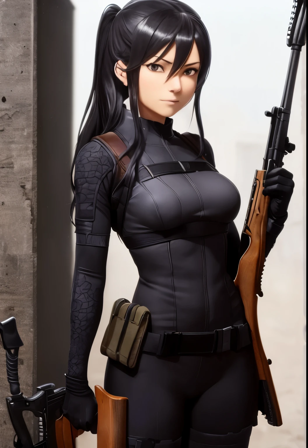 Pitohui_Elza, facing forward, close-up of face, assault rifle, standing with rifle, (admirable, captivating, captivating, inspiring, gorgeous, impressive: 1.3), (highly detailed, high quality: 1.3)