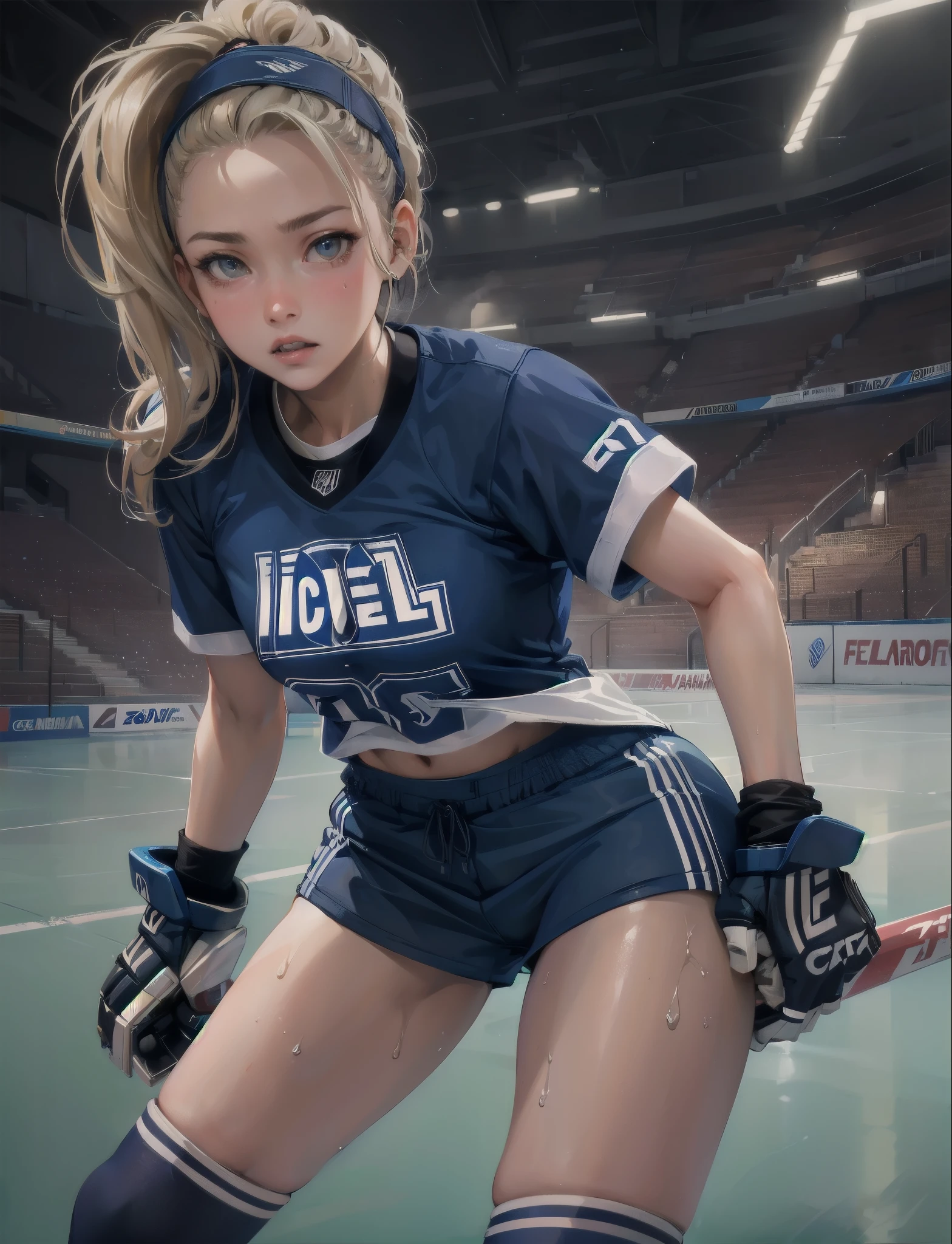 A maiden made of metal, ballet, she wears a miniskirt, she is made of mechanical parts, carrying a large key, facing the camera, stage spotlight, overhead lights, a large metal ball flies out of her hand, the ball is made of many gears,