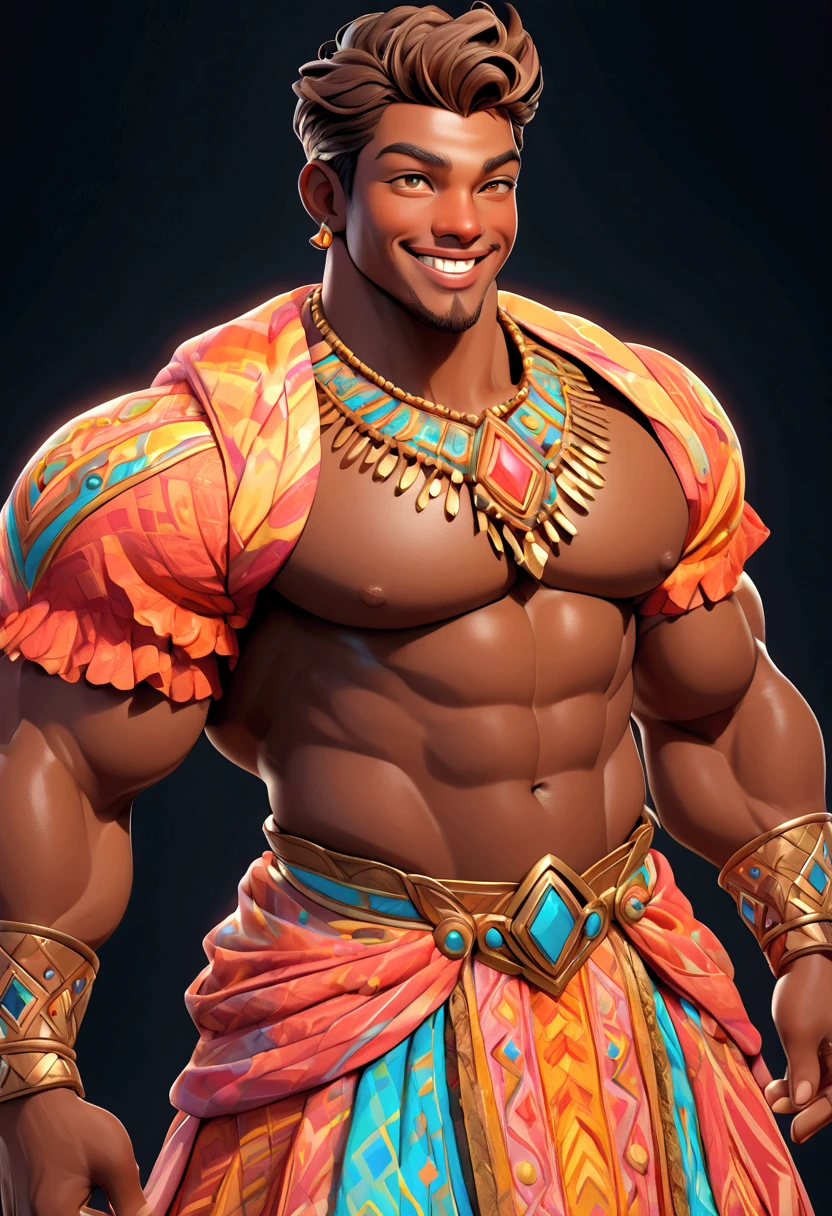 (best quality,realistic),A handsome detailed African American man,black hair,smiling,wearing African prints,standing in the jungle,arrows