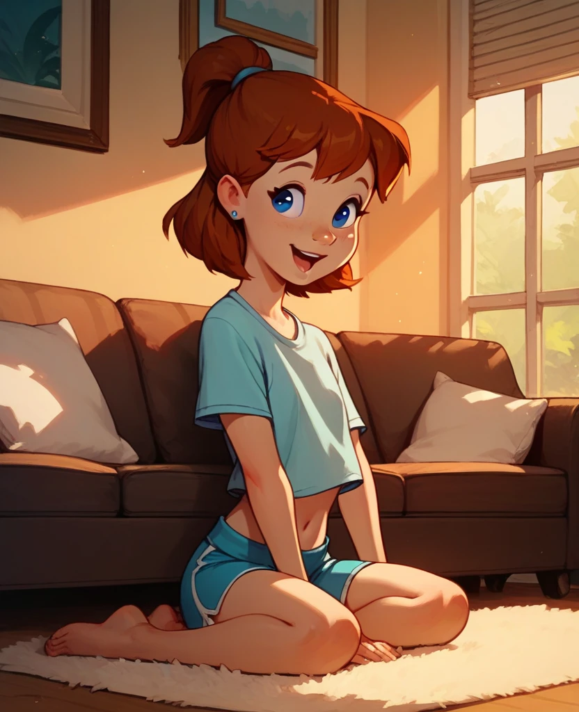 jenny, 1 girl, solo, brown hair, ponytail, blue eyes, earrings, in the ((modern)living room),pose on sofa barefoot, open smile, wearing plain tight-t-shirt, belly button