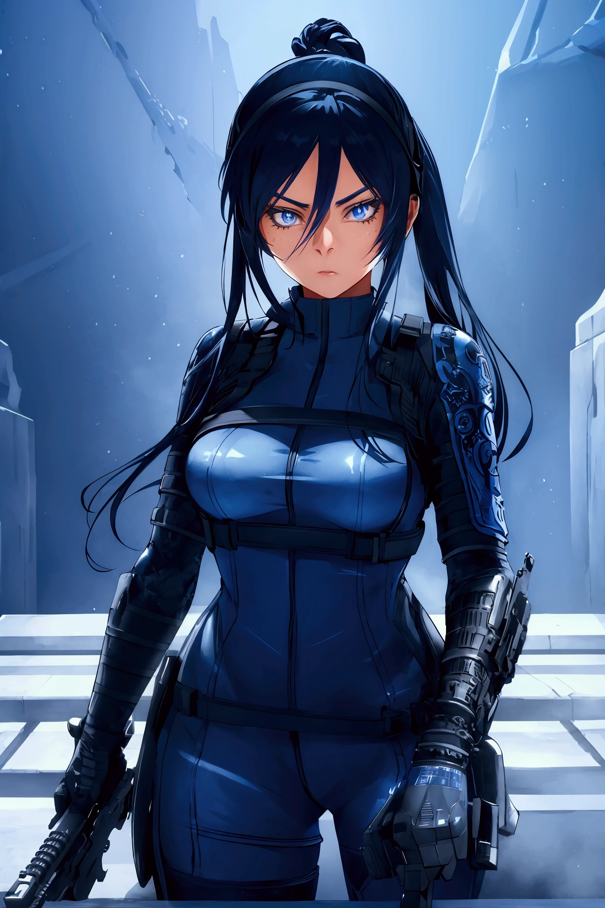 Pitohui_Elza, big blue eyes, facing forward, close-up of face, holding assault rifle, headgear, (Amazing, Captivating, Enchanting, Inspiring, Gorgeous, Impressive: 1.3), (Highly detailed, High quality: 1.3)