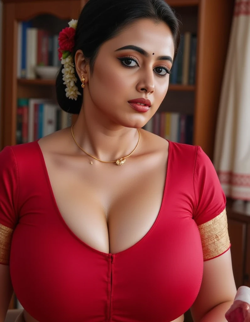 Pov camera view, Indian milf on her knees, looking at camera, with lust in her eyes, black hair tied around, flowers in head, mangalsutra in neck, red saree, dark red lipstick, black eyeliners, eyelashes,golden noserings, sexy cleavage, red colour blouse, thick arms, inside bedroom, 8k , intricate details