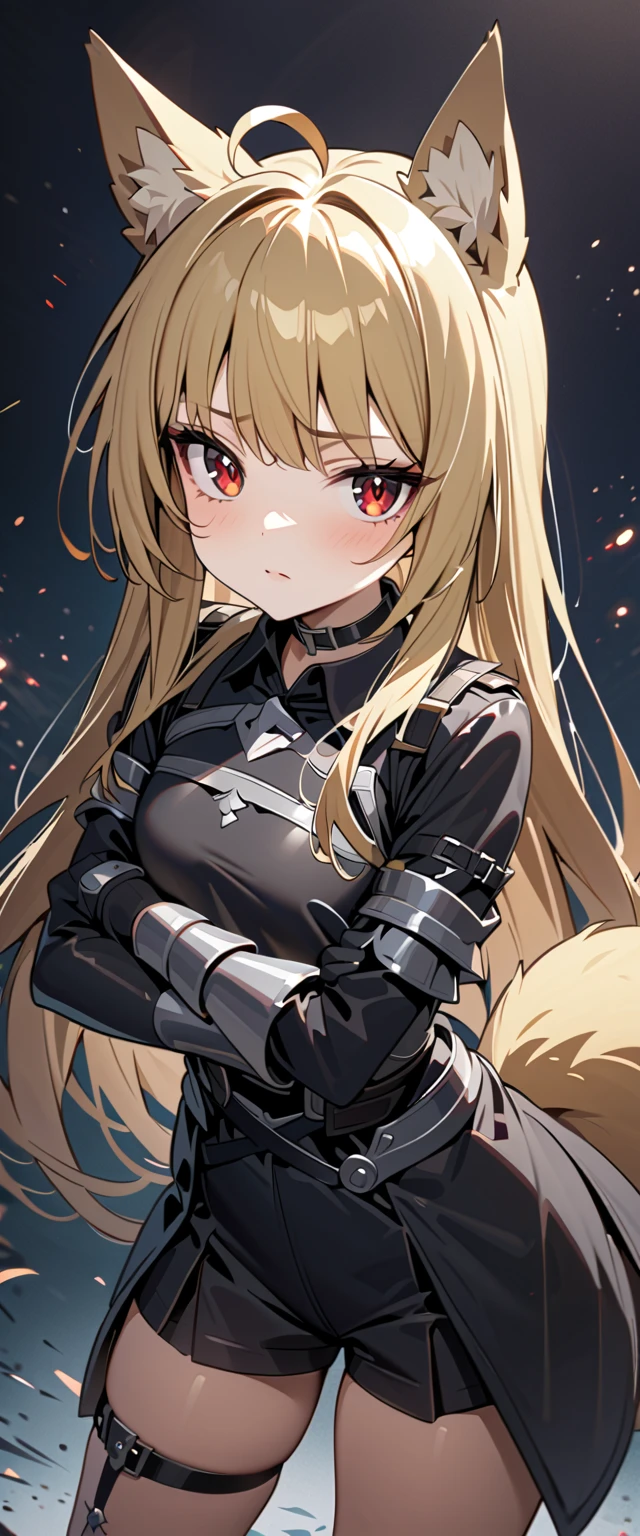 (high-quality, breathtaking),(expressive eyes, perfect face) 1girl, female, solo, maomao, cowboy shot, medium full shot, blonde hair color, alluring red eyes, long hair, flat chested, small breasts, small stature, fox ears, fox tail, small Ahoge, Knight Attire, Armor on arm, (Sword and shield), black shorts, looking towards viewer, HD, High quality image, dusty particles floating around, black choker, black collar with spikes, goth girl, goth aesthetic
