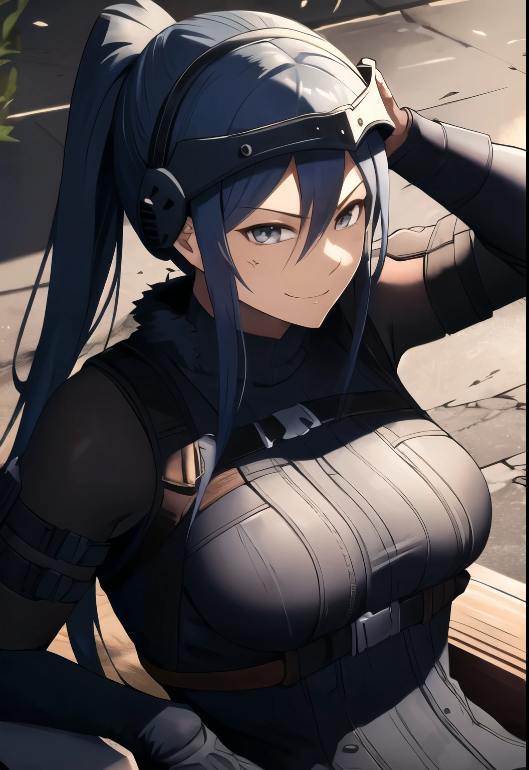 Pitohui_Elza, sitting, assault rifle, holding rifle, smirk, headgear, (acclaimed, alluring, captivating, exciting, gorgeous, striking:1.3), (highly detailed, high quality:1.3)