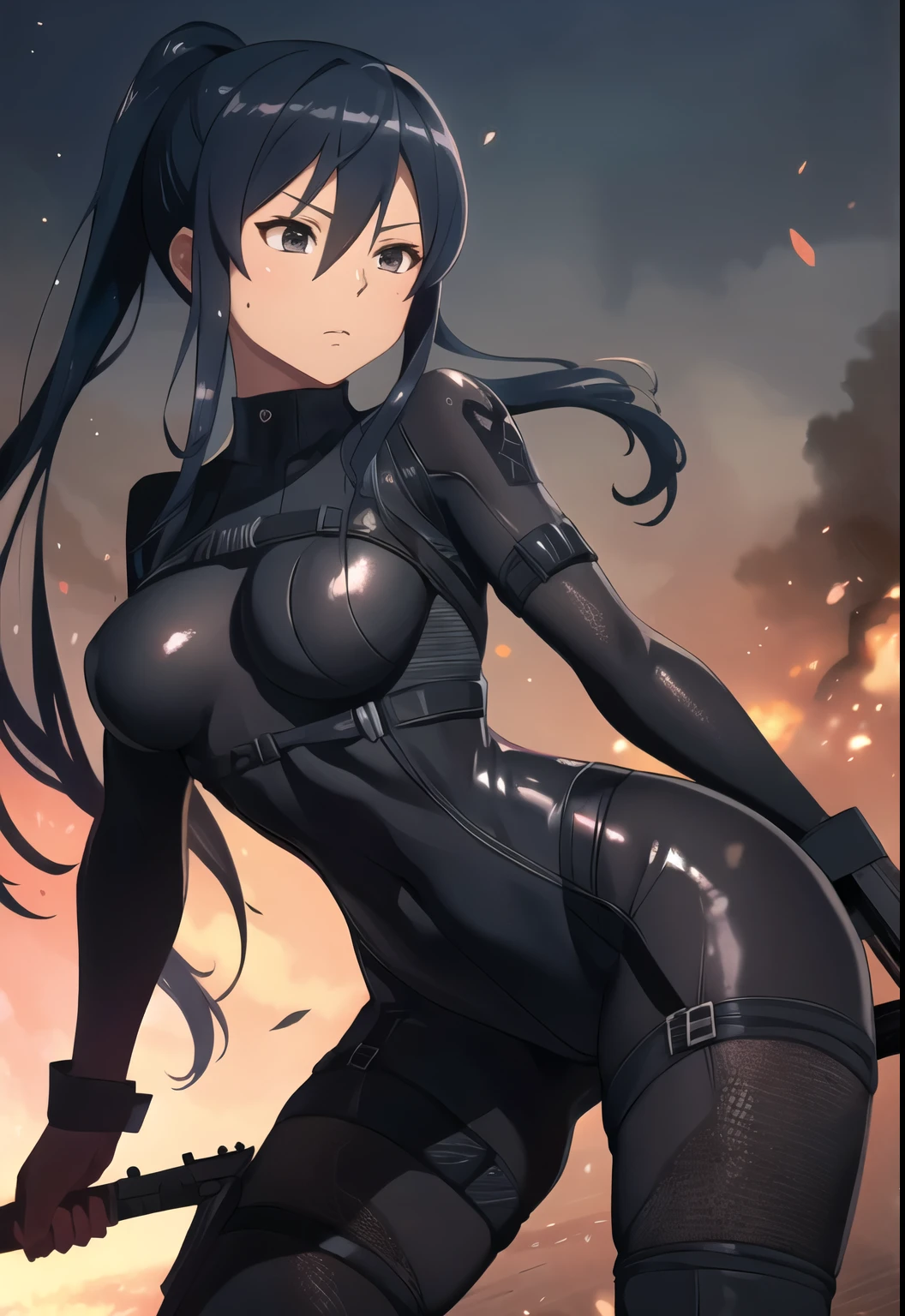 Pitohui_Elza, facing forward, standing with assault rifle, black see-through, bodysuit, (Amazing, Captivating, Alluring, Inspiring, Gorgeous, Impressive: 1.3), (Highly detailed, High quality: 1.3)