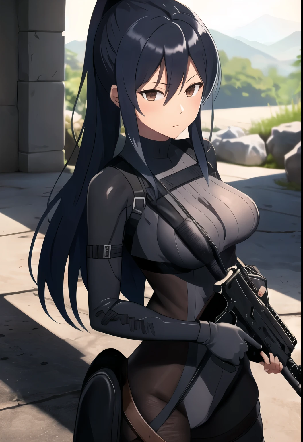 Pitohui_Elza, facing forward, standing with an assault rifle, black sheer bodysuit, see-through, (Amazing, Captivating, Alluring, Inspiring, Gorgeous, Impressive: 1.3), (Very detailed, High quality: 1.3)