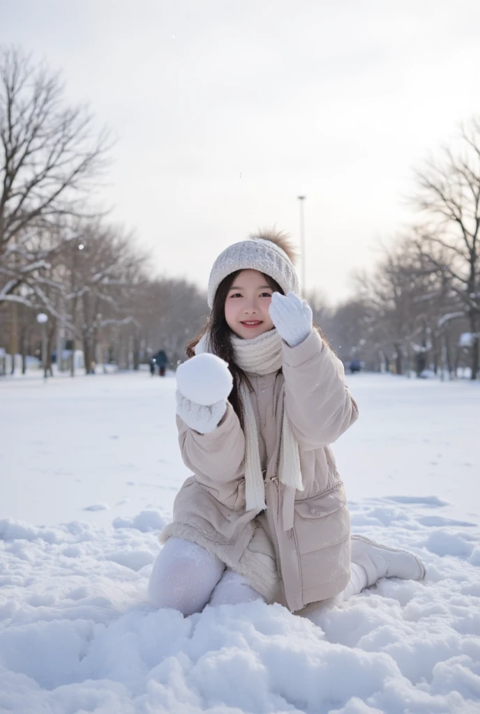 An Asian girl in the middle of a field during winter having a snowball fight throwing snowballs at the camera