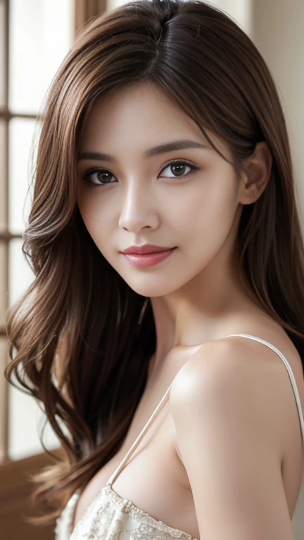 table top, highest quality, realistic, Super detailed, finely, High resolution, 8k wallpaper, 1 beautiful woman,, light brown messy hair, wearing a blockdress, sharp focus, perfect dynamic composition, beautiful and detailed eyes, thin hair, Detailed realistic skin texture, smile, close-up portrait, model body shape
