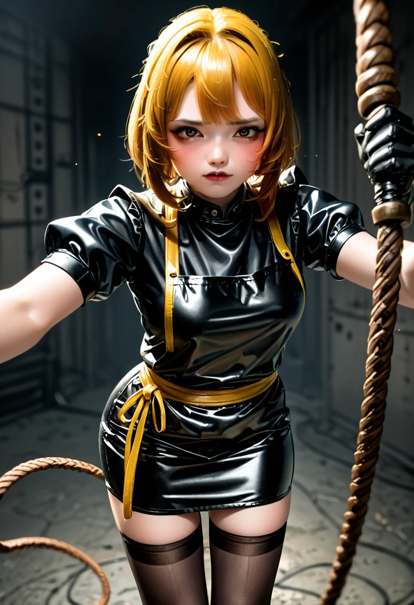 ultra,  The highest quality image ,  artistic masterpiece.  The Japanese-looking girl ,  heavenly beauty , 18+. arrogant, very angry, dissatisfied. copper hair ,  maid bandage .  Black lace latex dress ,  black lace latex skirt ,  black latex stockings ,  black latex gloves,:   (Yellow latex lace apron) .  No naked body . Standing in a dark ,  raw dungeon.Holds a black weapon:1.2 , whip ping:1.2, cutting:1.2 , whip:1.2, fighting stance:1.2,((( whipping:1.2, motion blur:1.2 ,  path motion:1.2 ))), arms outstretched :1.2, doyagao , incoming vertical whip:1.2 , incoming horizontal whip:1.2