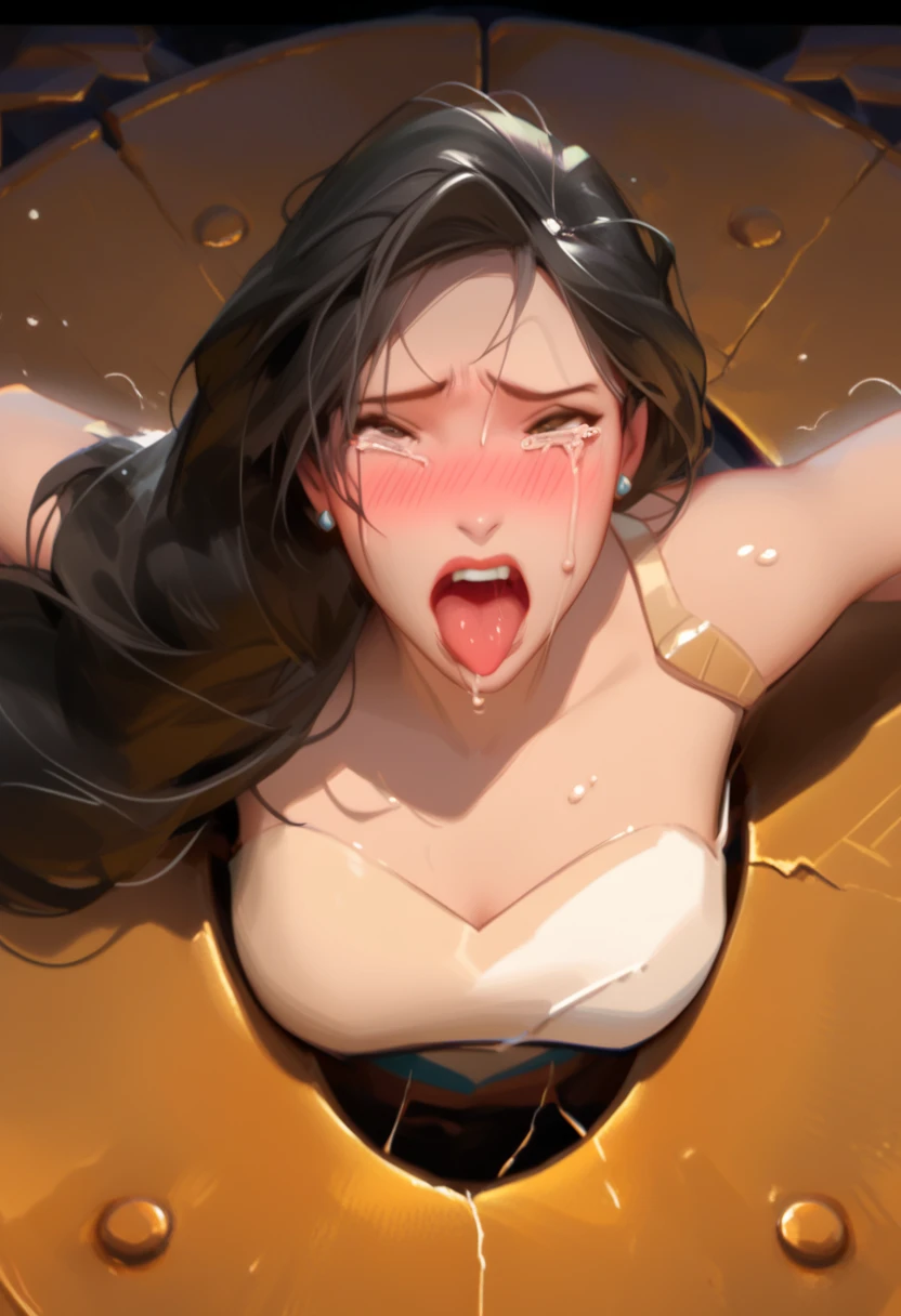 Pocahontas from Disney,  from above his head,  black hair,  brown skin, hands behind back, cara ahegao, white top, cries,  closed mouth , Show , blushing,  struggle to get out stuck in hole (Commission in wall), stuck in a wall.  realistic photo.