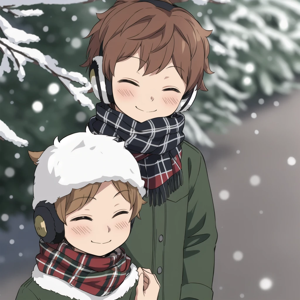 Masterpiece, best quality, 1boy, Midorikawa, eyes closed, kawaii, cute, scarf, earmuffs, outdoors, snow, plaid, christmas theme, 