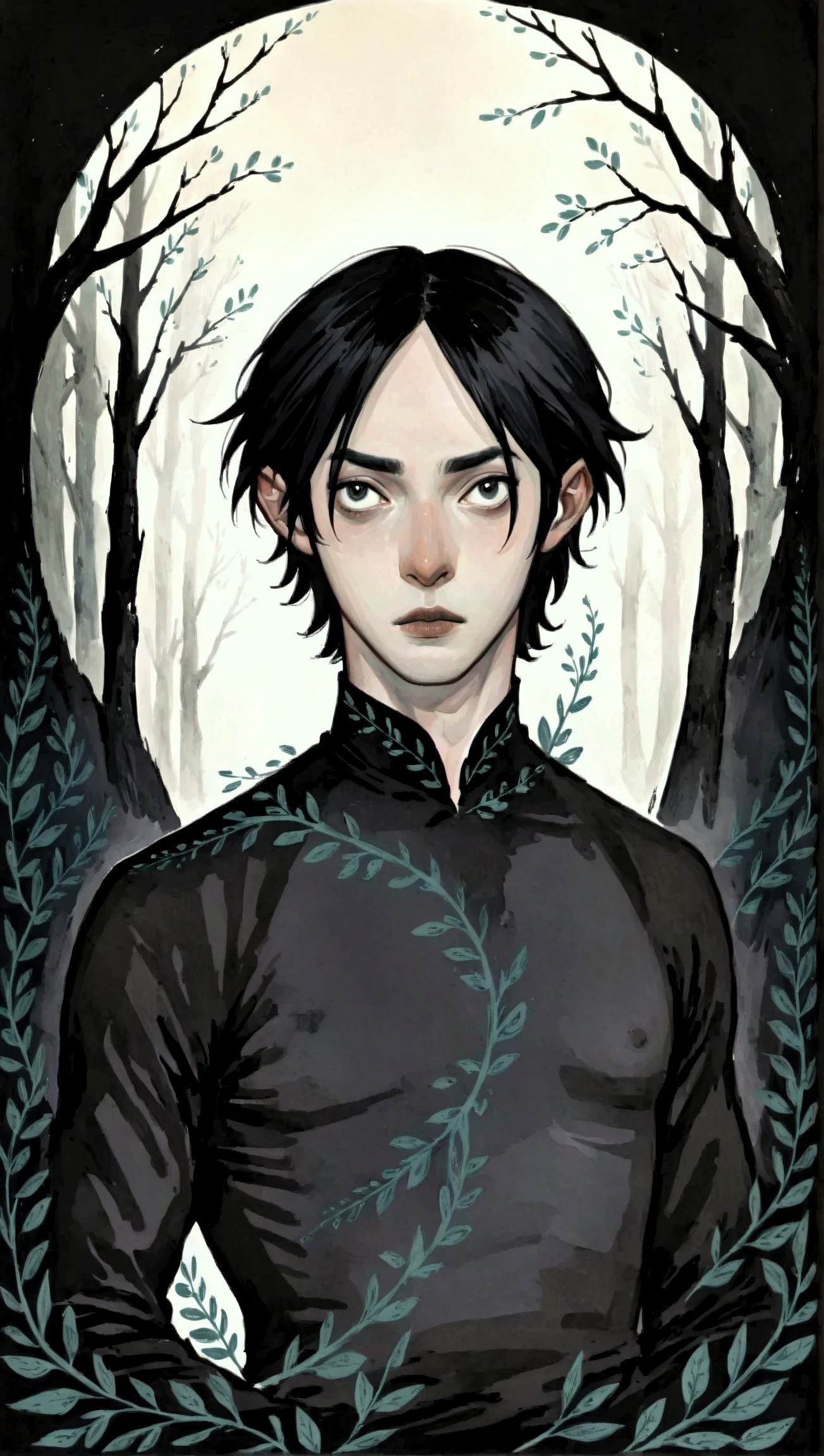 2D ART, hyper detailed gouache painting, illustration, gougoupaintleaves style, portrait of a man, 1boy, solo, black hair, side_cut_hairstyle, male_drow:1.5, dark elf, black eyes, black sclera, detailed face, handsome features, tonned, lean naked body, detailed body, pointy ears, standing in a dark forest, on simple white background, full body shot, very detailed, 