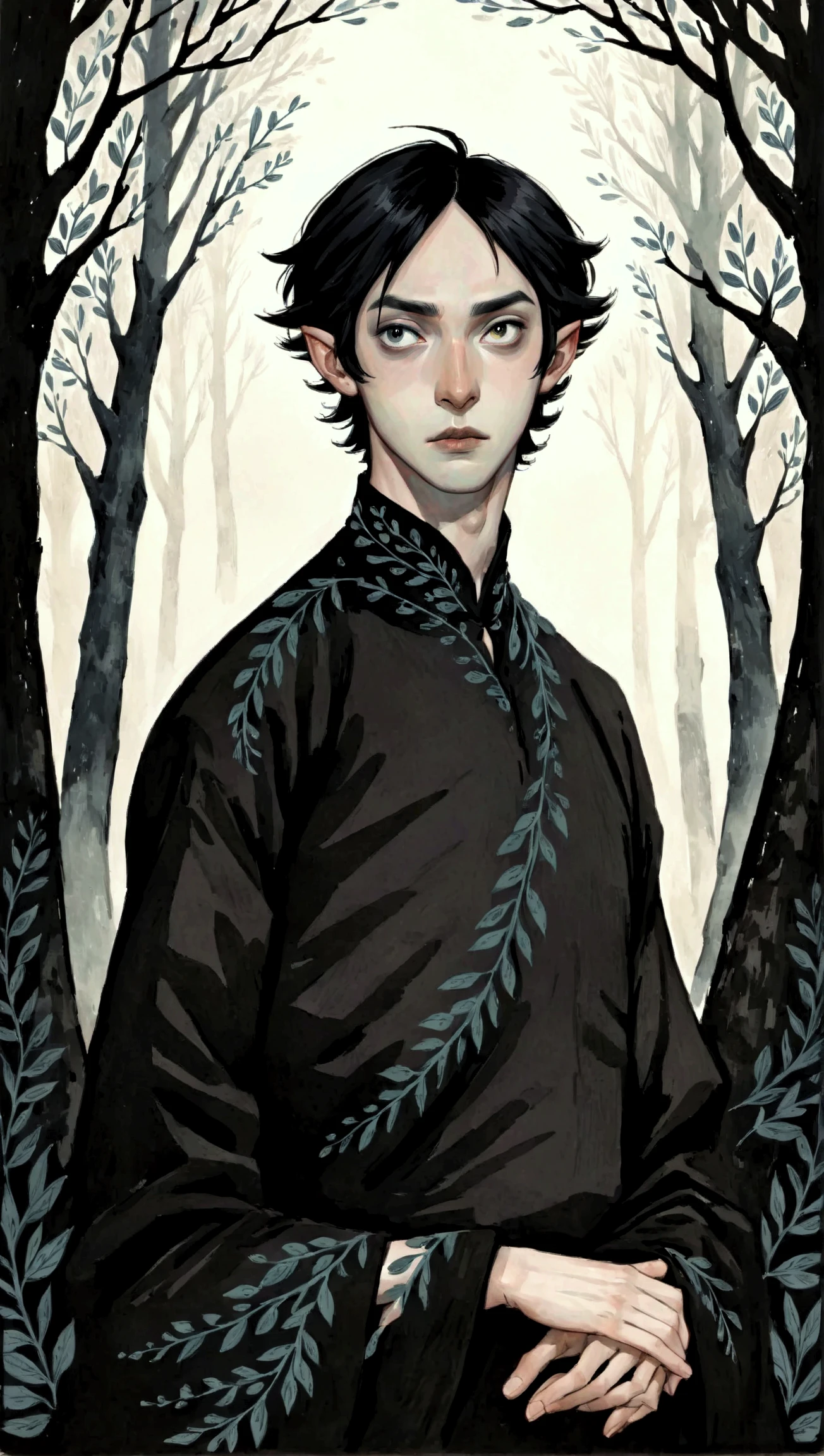 2D ART, hyper detailed gouache painting, illustration, gougoupaintleaves style, portrait of a man, 1boy, solo, black hair, side_cut_hairstyle, male_drow:1.5, dark elf, black eyes, black sclera, detailed face, handsome features, tonned, lean naked body, detailed body, pointy ears, standing in a dark forest, on simple white background, full body shot, very detailed, 